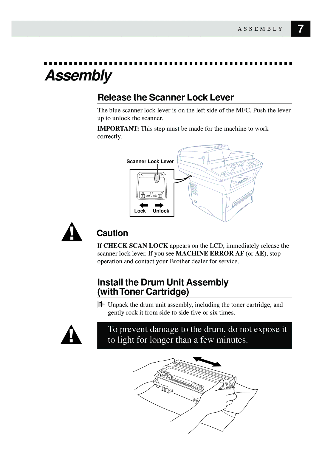 Brother MFC9750 owner manual Release the Scanner Lock Lever, Install the Drum Unit Assembly With Toner Cartridge 