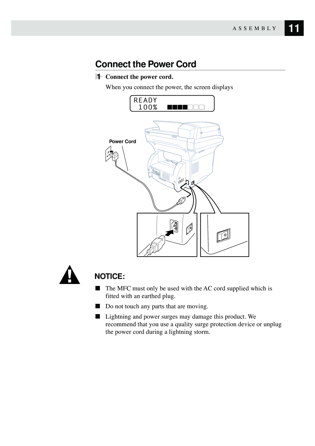 Brother MFC9750 owner manual Connect the Power Cord, 100% 