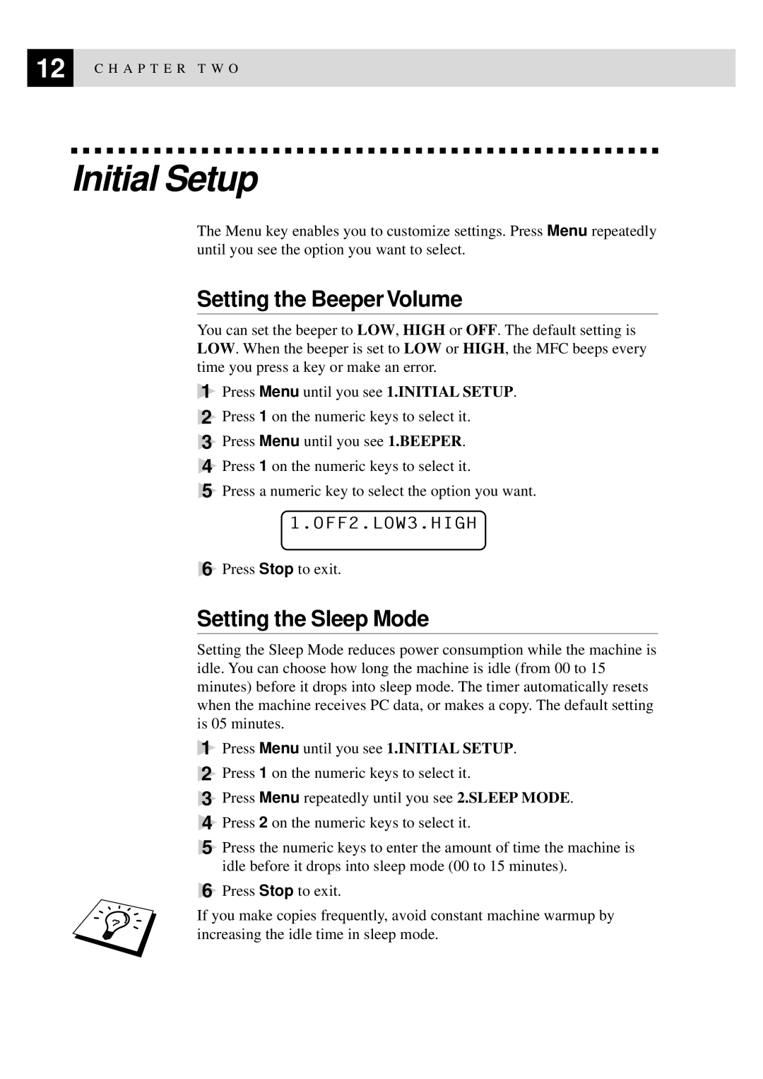 Brother MFC9750 owner manual Initial Setup, Setting the Beeper Volume, Setting the Sleep Mode 