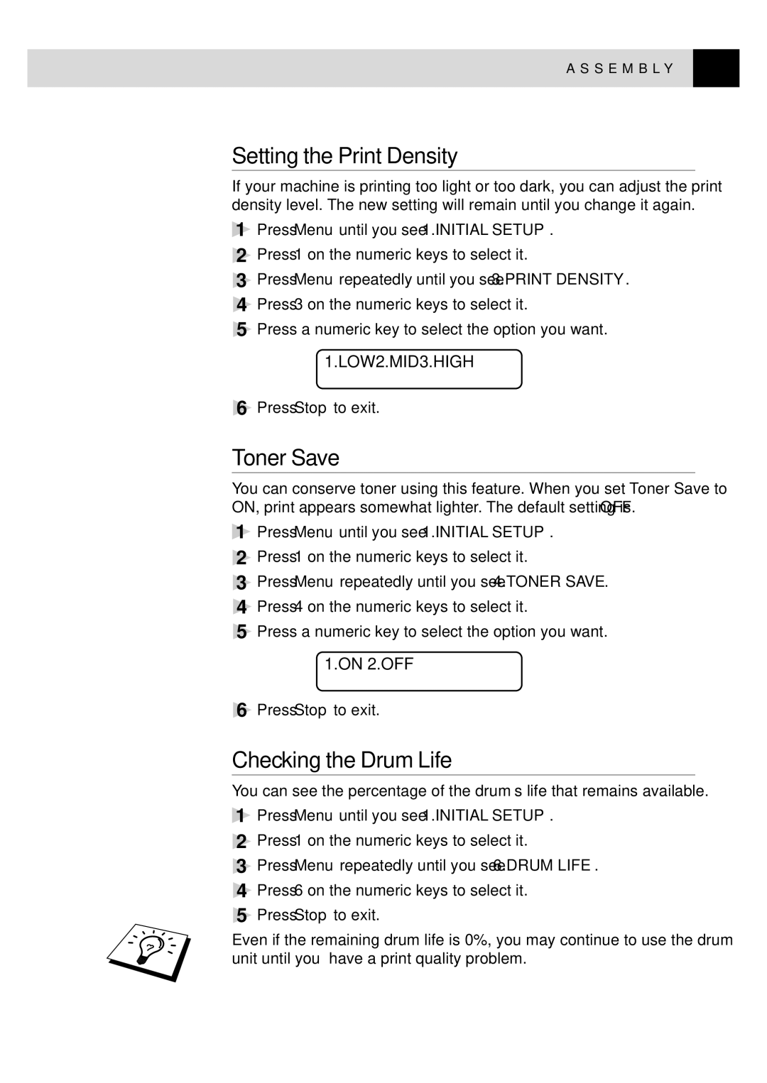 Brother MFC9750 owner manual Setting the Print Density, Toner Save, Checking the Drum Life 