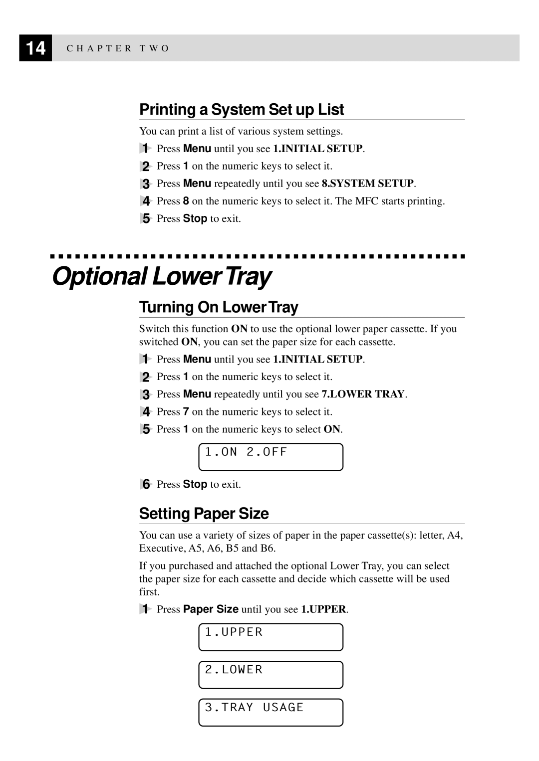 Brother MFC9750 owner manual Optional LowerTray, Printing a System Set up List, Turning On Lower Tray, Setting Paper Size 