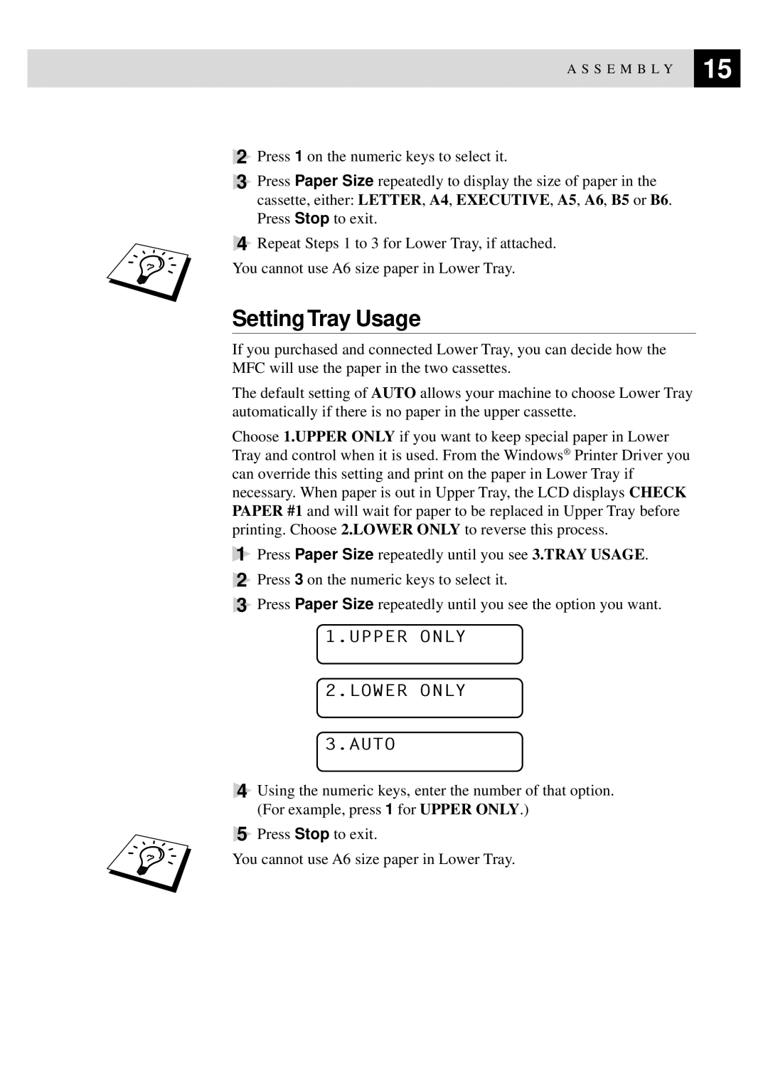 Brother MFC9750 owner manual Setting Tray Usage, Upper only Lower only Auto 