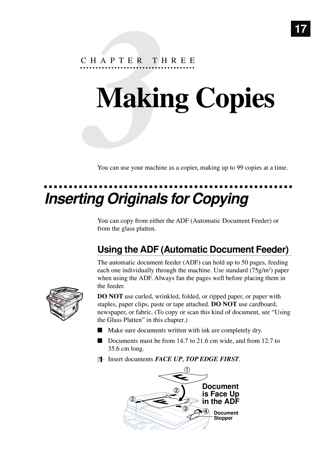 Brother MFC9750 owner manual Inserting Originals for Copying, Using the ADF Automatic Document Feeder 