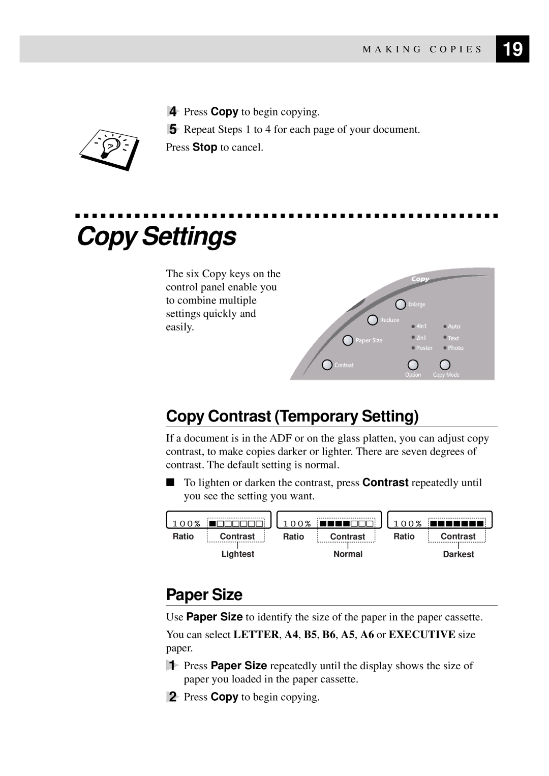 Brother MFC9750 owner manual Copy Settings, Copy Contrast Temporary Setting, Paper Size 