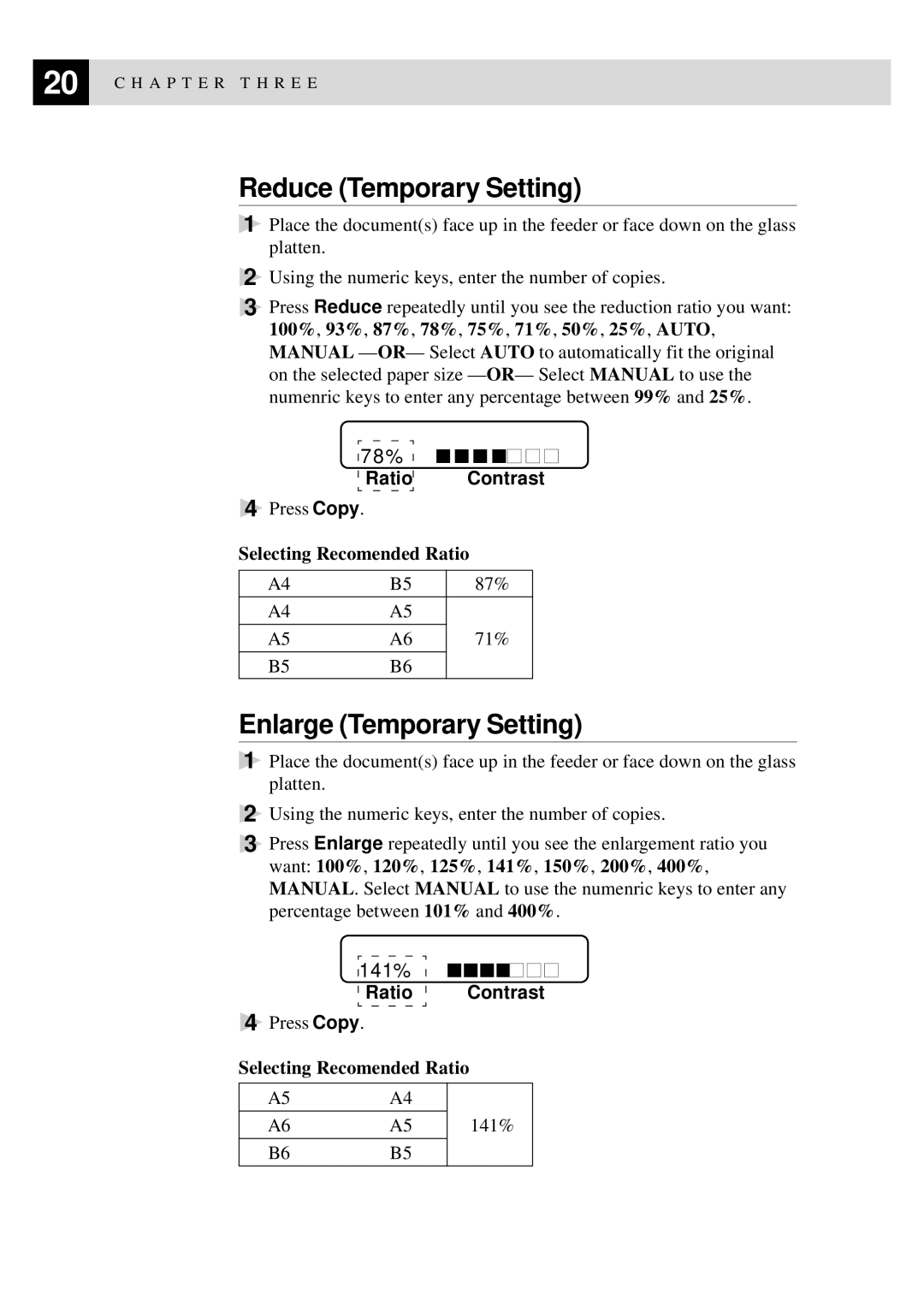 Brother MFC9750 owner manual Reduce Temporary Setting, Enlarge Temporary Setting 