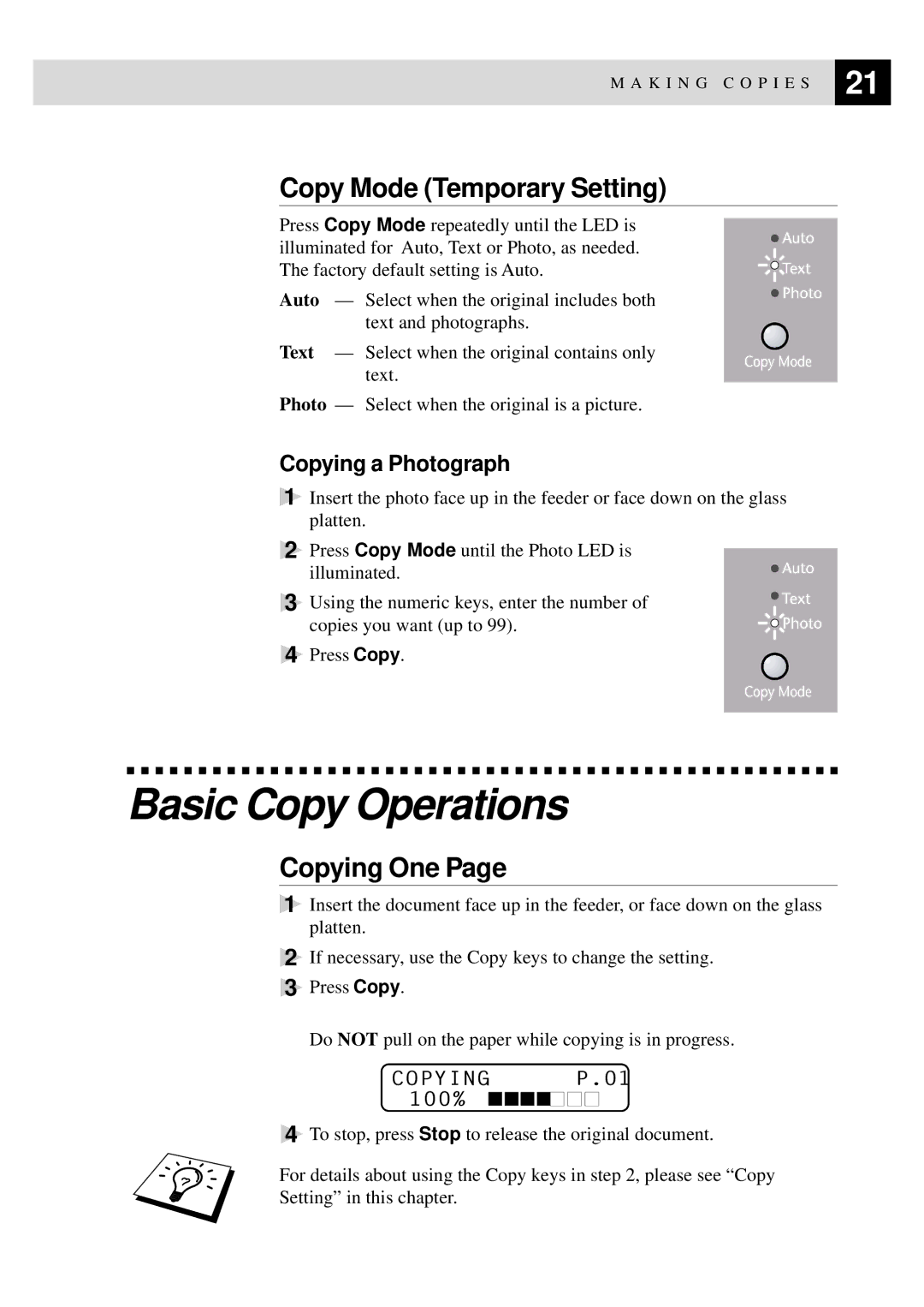 Brother MFC9750 owner manual Basic Copy Operations, Copy Mode Temporary Setting, Copying One, Copying a Photograph 