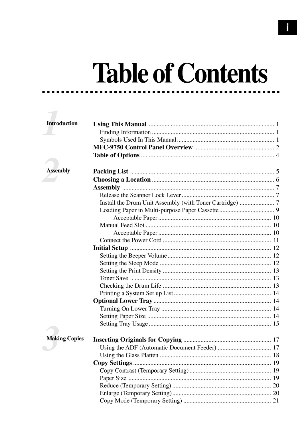 Brother MFC9750 owner manual Table of Contents 