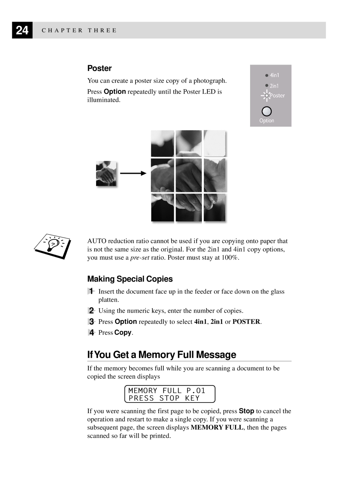 Brother MFC9750 owner manual IfYou Get a Memory Full Message, Poster, Making Special Copies 