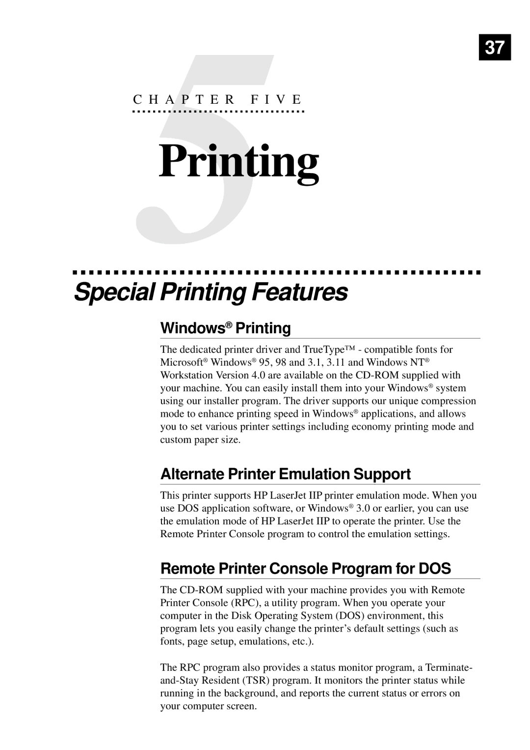 Brother MFC9750 owner manual Special Printing Features, Windows Printing, Alternate Printer Emulation Support 