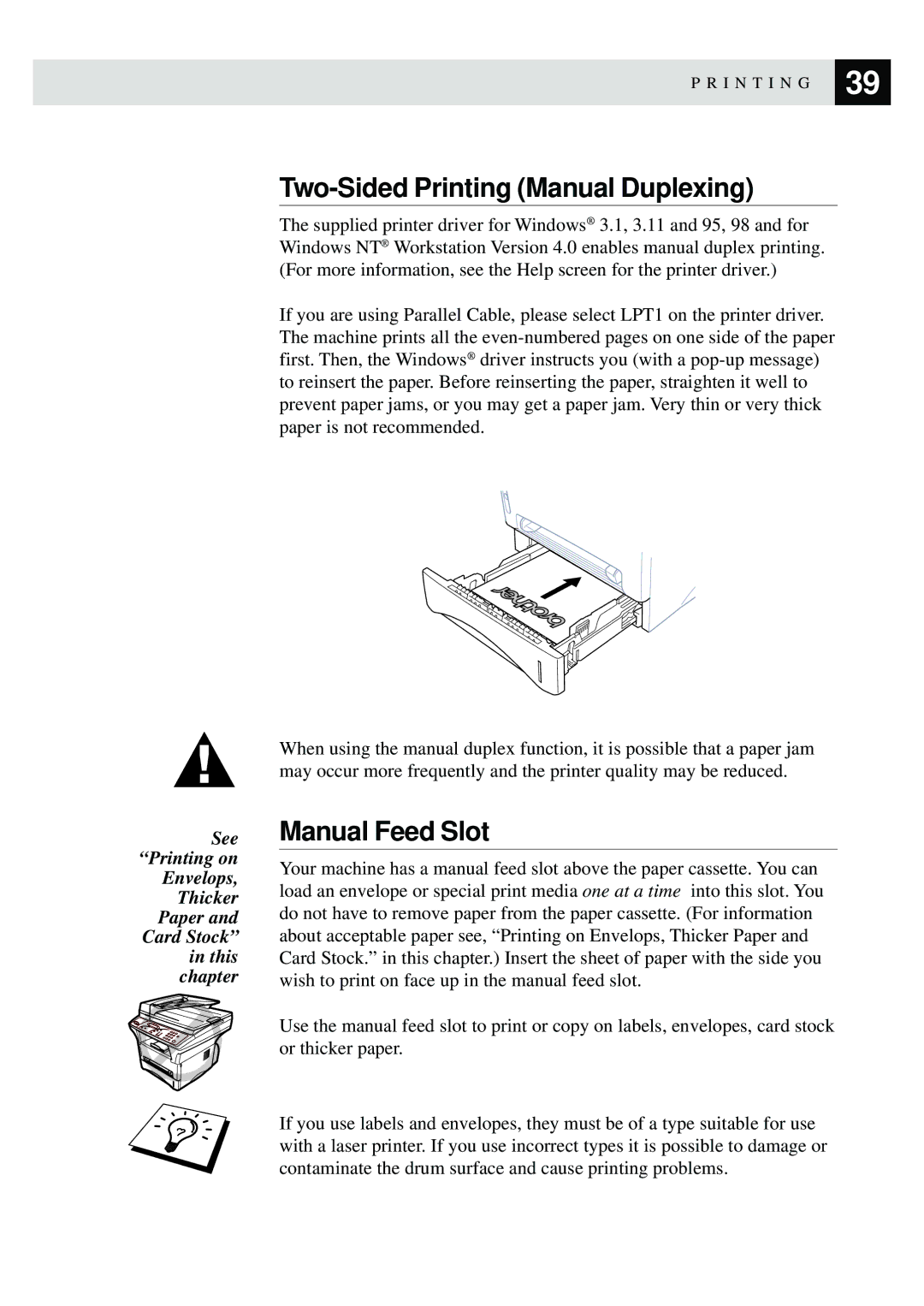 Brother MFC9750 owner manual Two-Sided Printing Manual Duplexing, Manual Feed Slot 