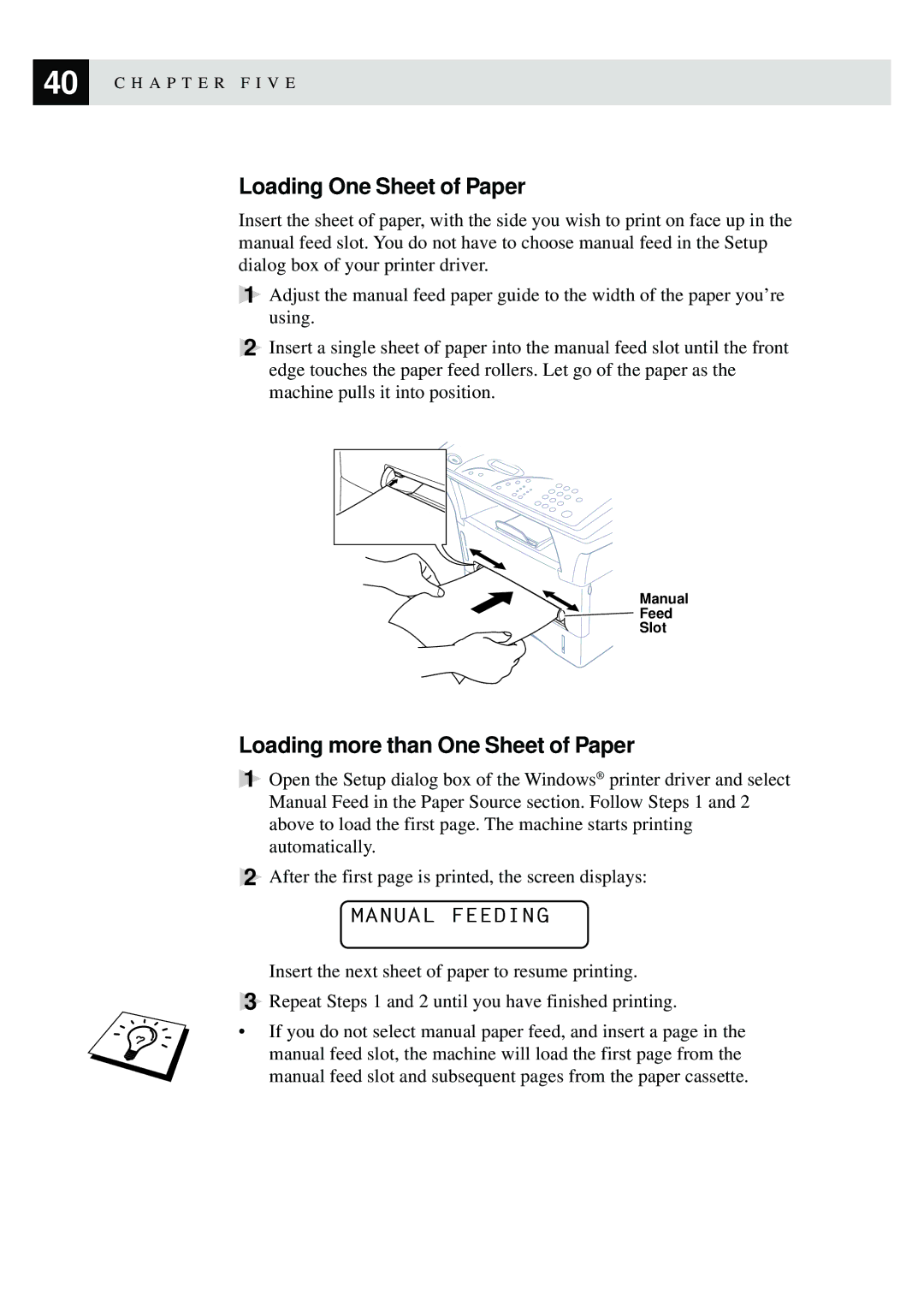 Brother MFC9750 owner manual Loading One Sheet of Paper, Loading more than One Sheet of Paper 