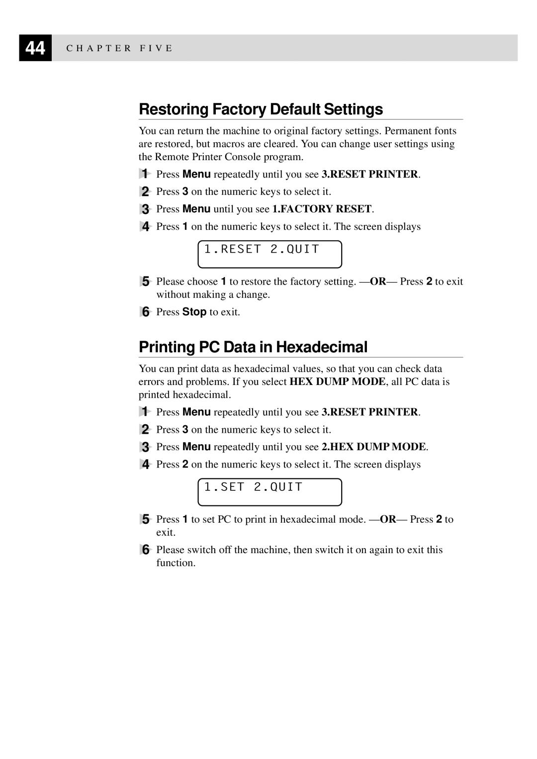 Brother MFC9750 owner manual Restoring Factory Default Settings, Printing PC Data in Hexadecimal 