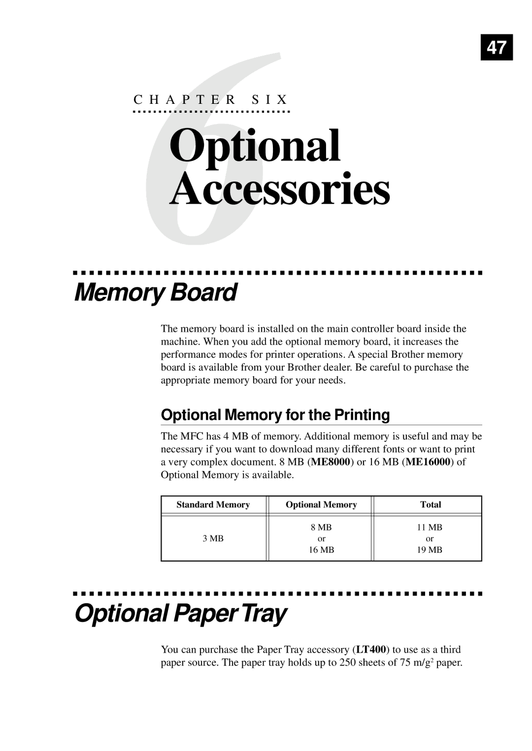 Brother MFC9750 owner manual Memory Board, Optional PaperTray, Optional Memory for the Printing 