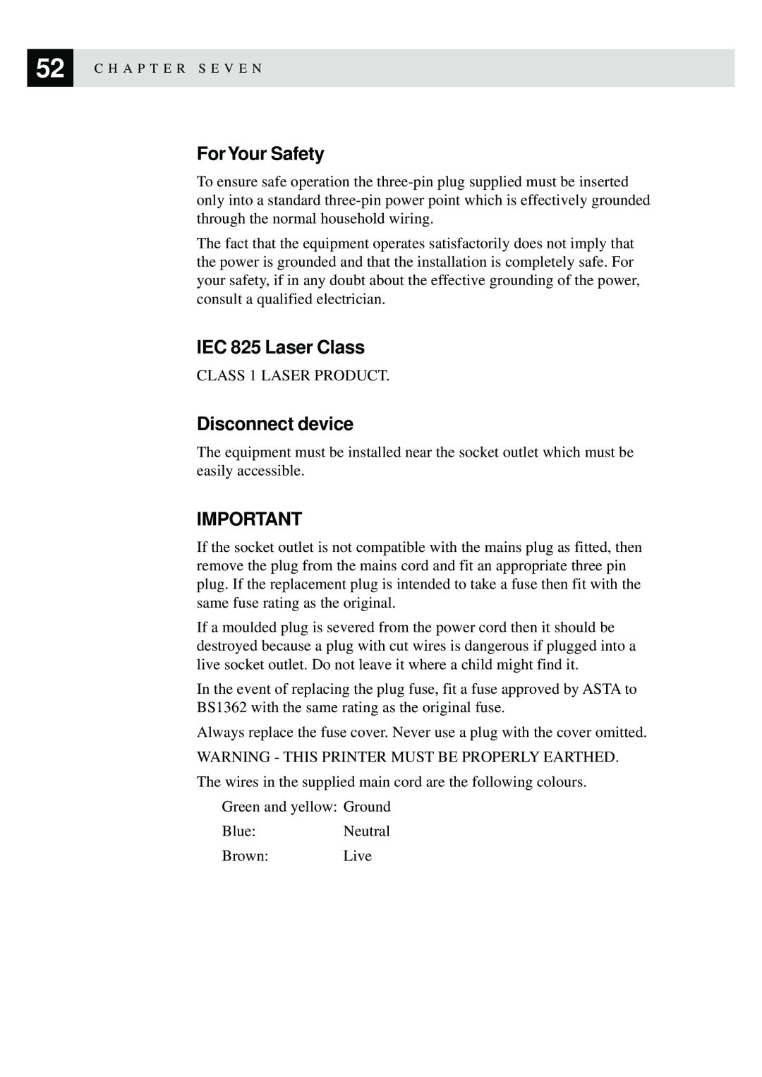 Brother MFC9750 owner manual For Your Safety, IEC 825 Laser Class, Disconnect device 