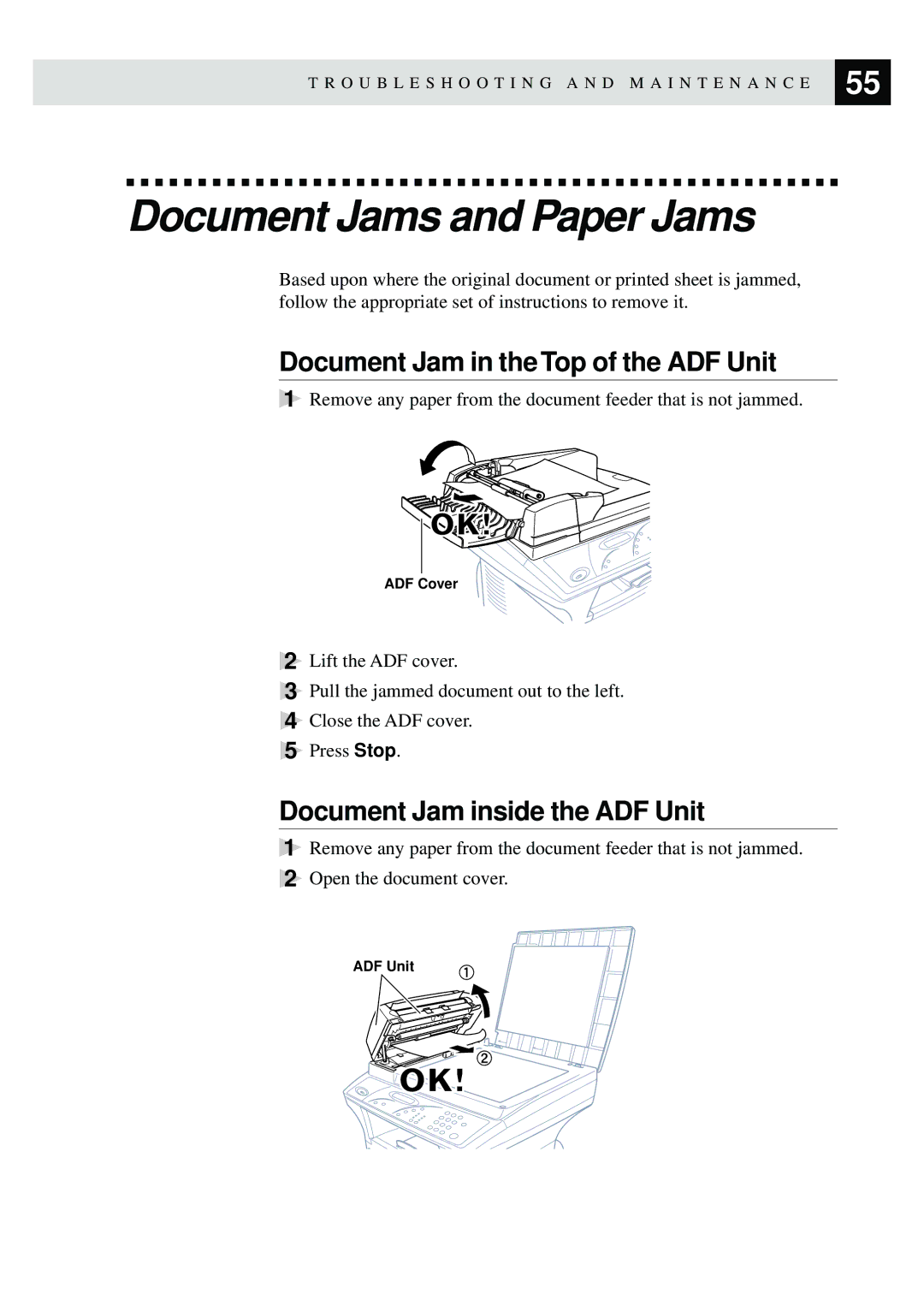 Brother MFC9750 Document Jams and Paper Jams, Document Jam in the Top of the ADF Unit, Document Jam inside the ADF Unit 