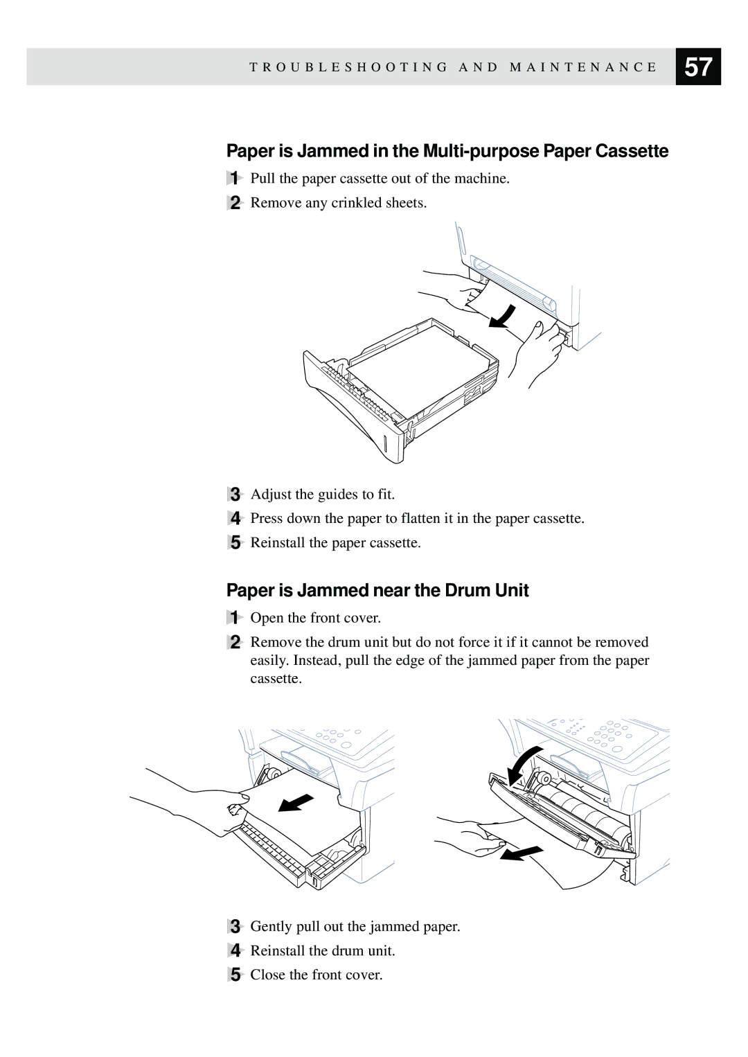 Brother MFC9750 owner manual Paper is Jammed in the Multi-purpose Paper Cassette, Paper is Jammed near the Drum Unit 