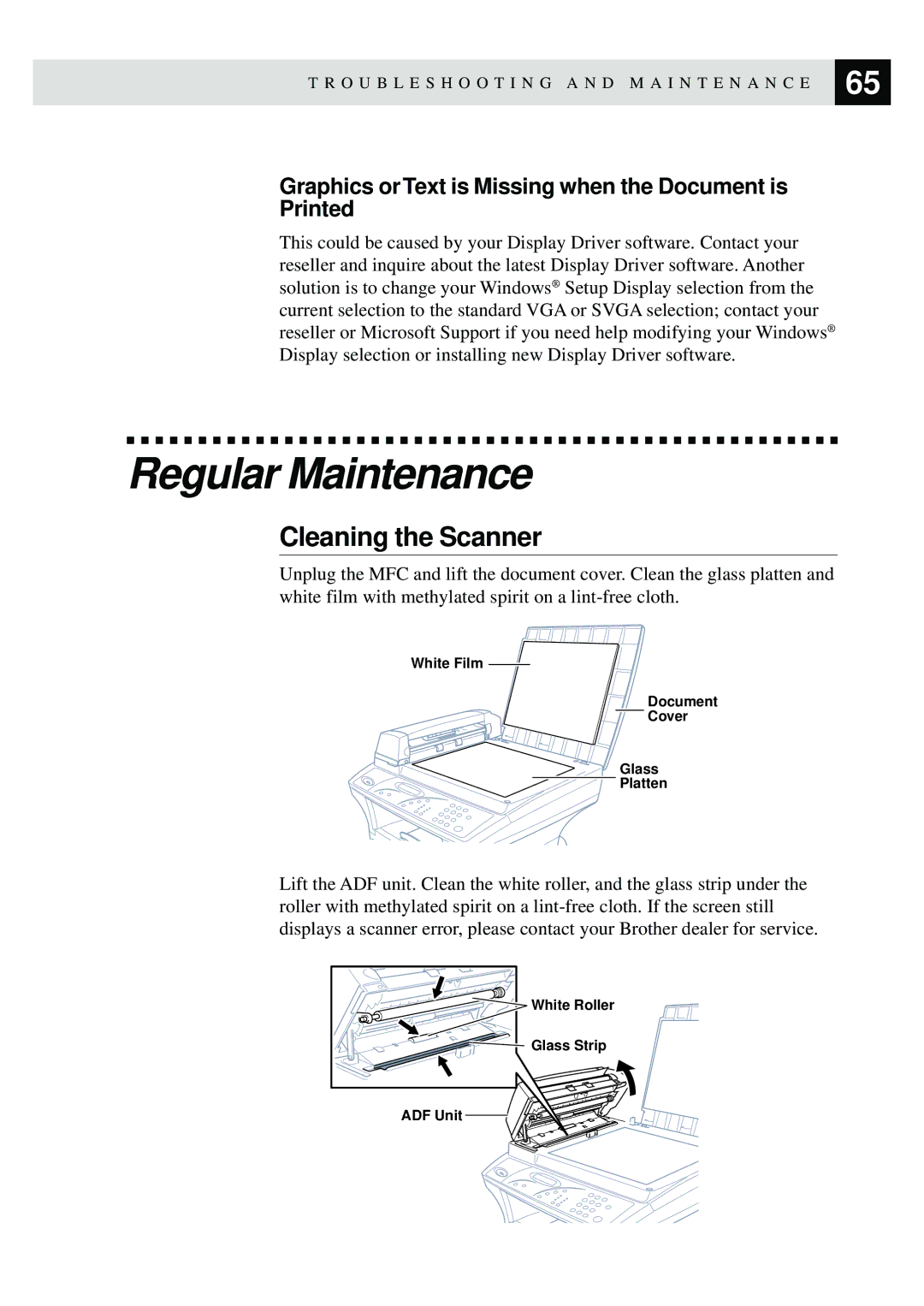 Brother MFC9750 Regular Maintenance, Cleaning the Scanner, Graphics or Text is Missing when the Document is Printed 