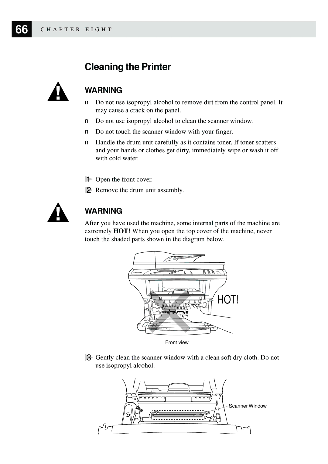 Brother MFC9750 owner manual Hot, Cleaning the Printer 