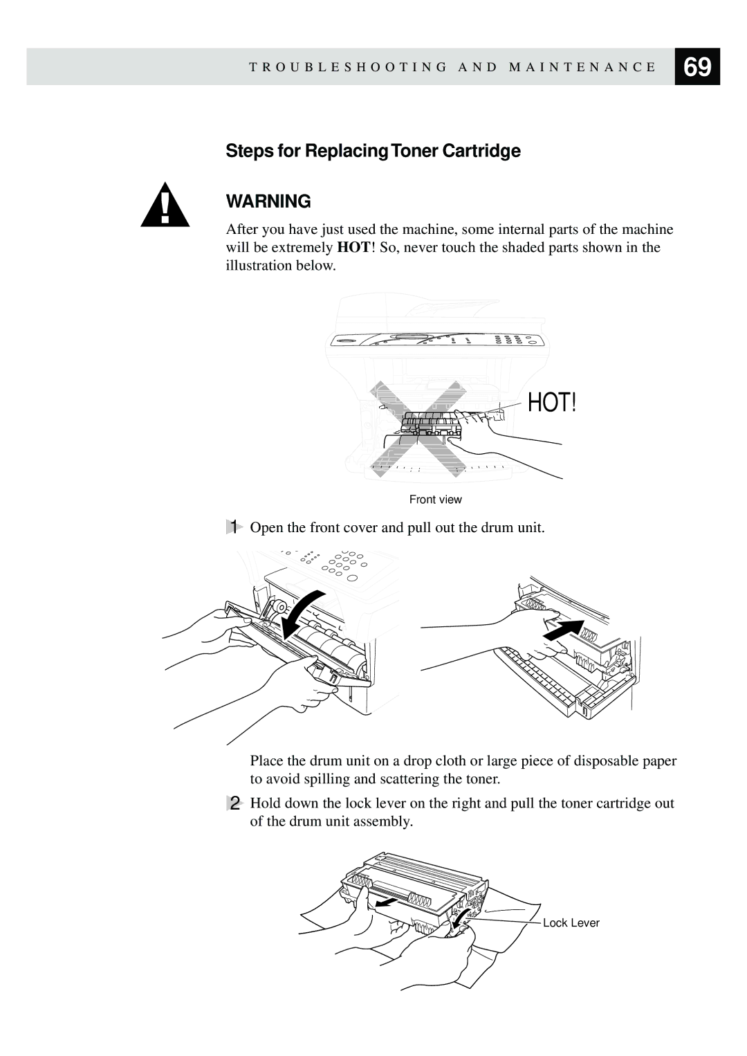 Brother MFC9750 owner manual Steps for Replacing Toner Cartridge 