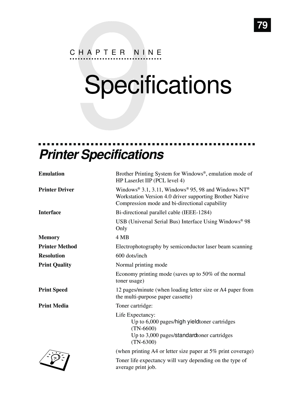 Brother MFC9750 owner manual Printer Specifications 