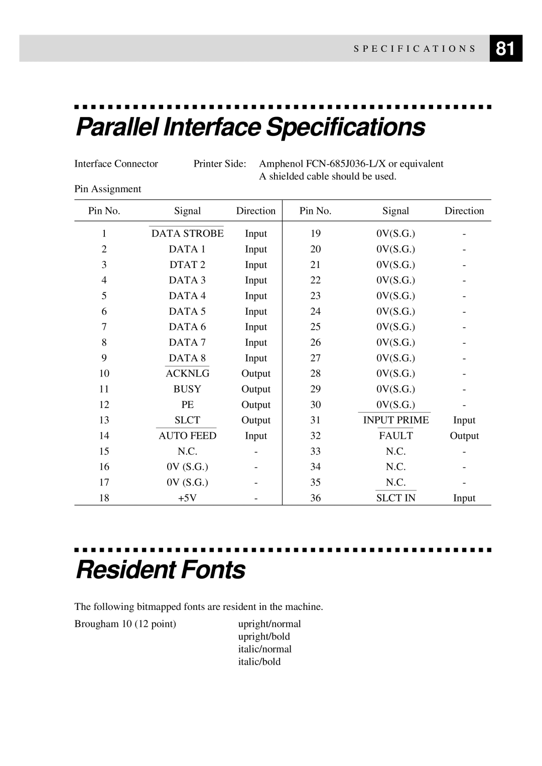 Brother MFC9750 owner manual Parallel Interface Specifications, Resident Fonts 