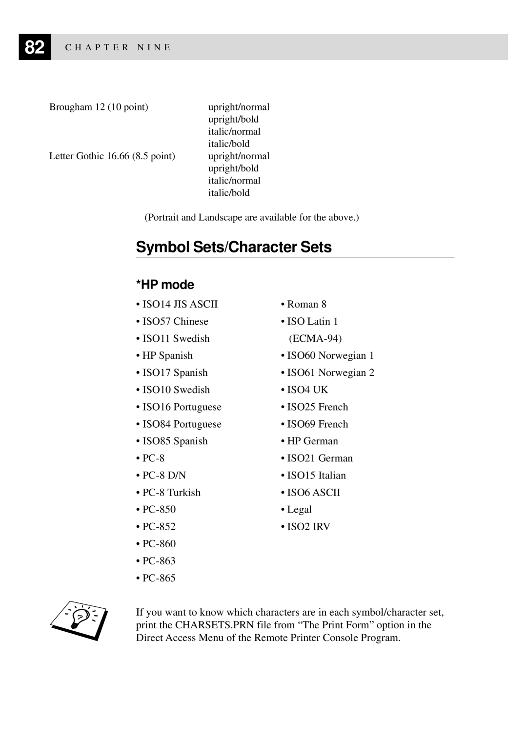 Brother MFC9750 owner manual Symbol Sets/Character Sets, HP mode 