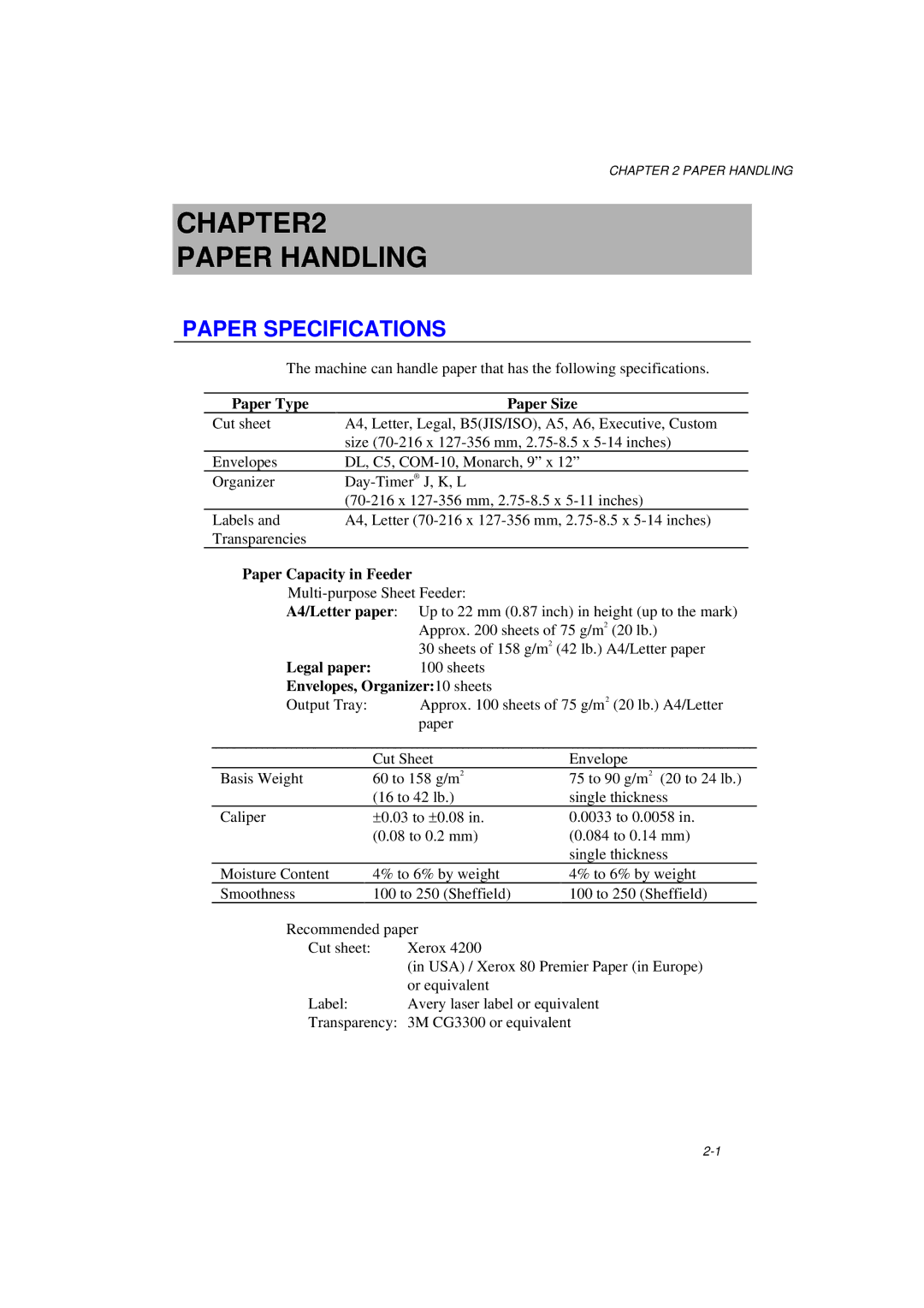 Brother MFC/HL-P2000 manual Paper Specifications 