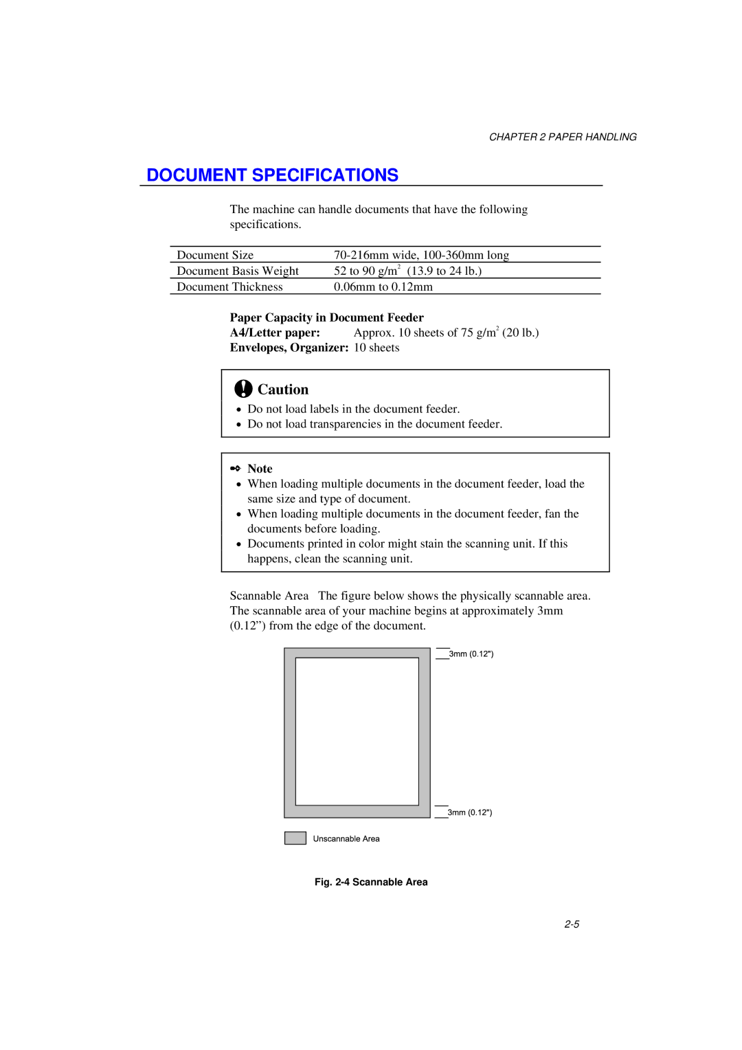 Brother MFC/HL-P2000 manual Document Specifications, Paper Capacity in Document Feeder 