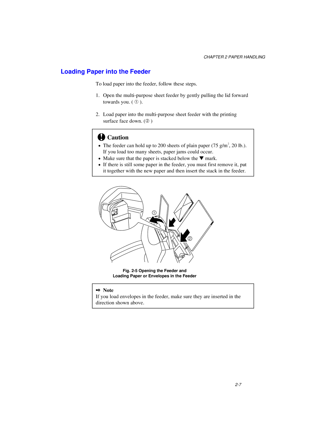 Brother MFC/HL-P2000 manual Loading Paper into the Feeder, Opening the Feeder Loading Paper or Envelopes in the Feeder 