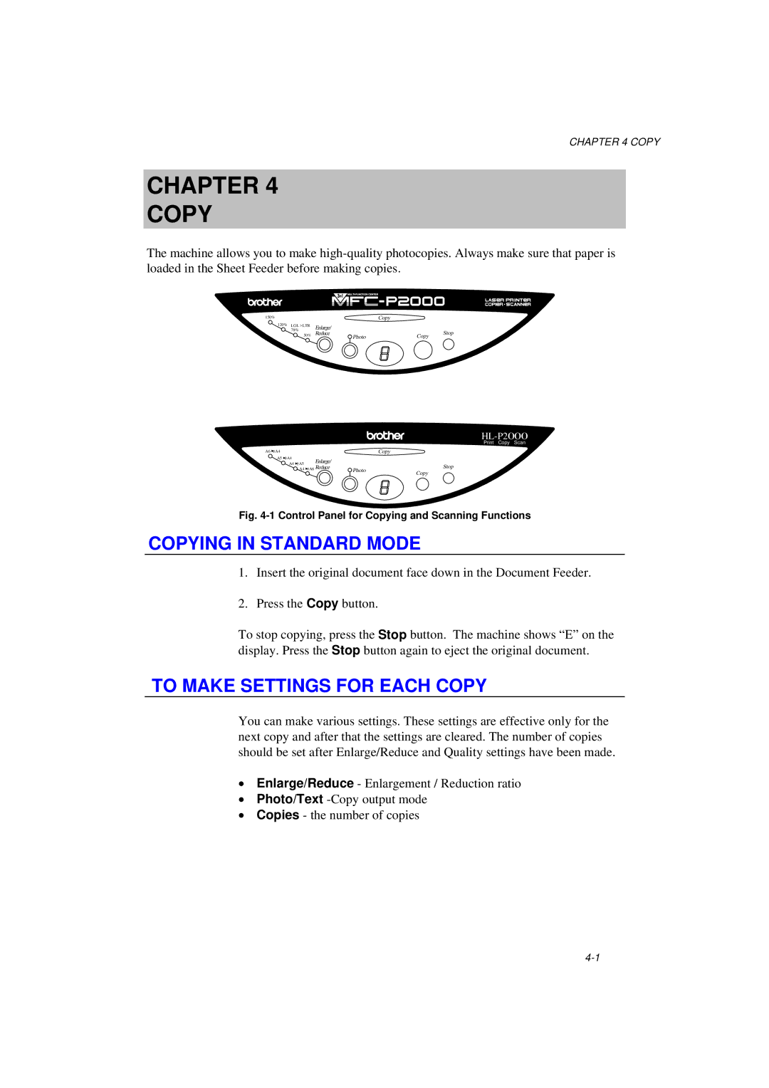 Brother MFC/HL-P2000 manual Copying in Standard Mode, To Make Settings for Each Copy 