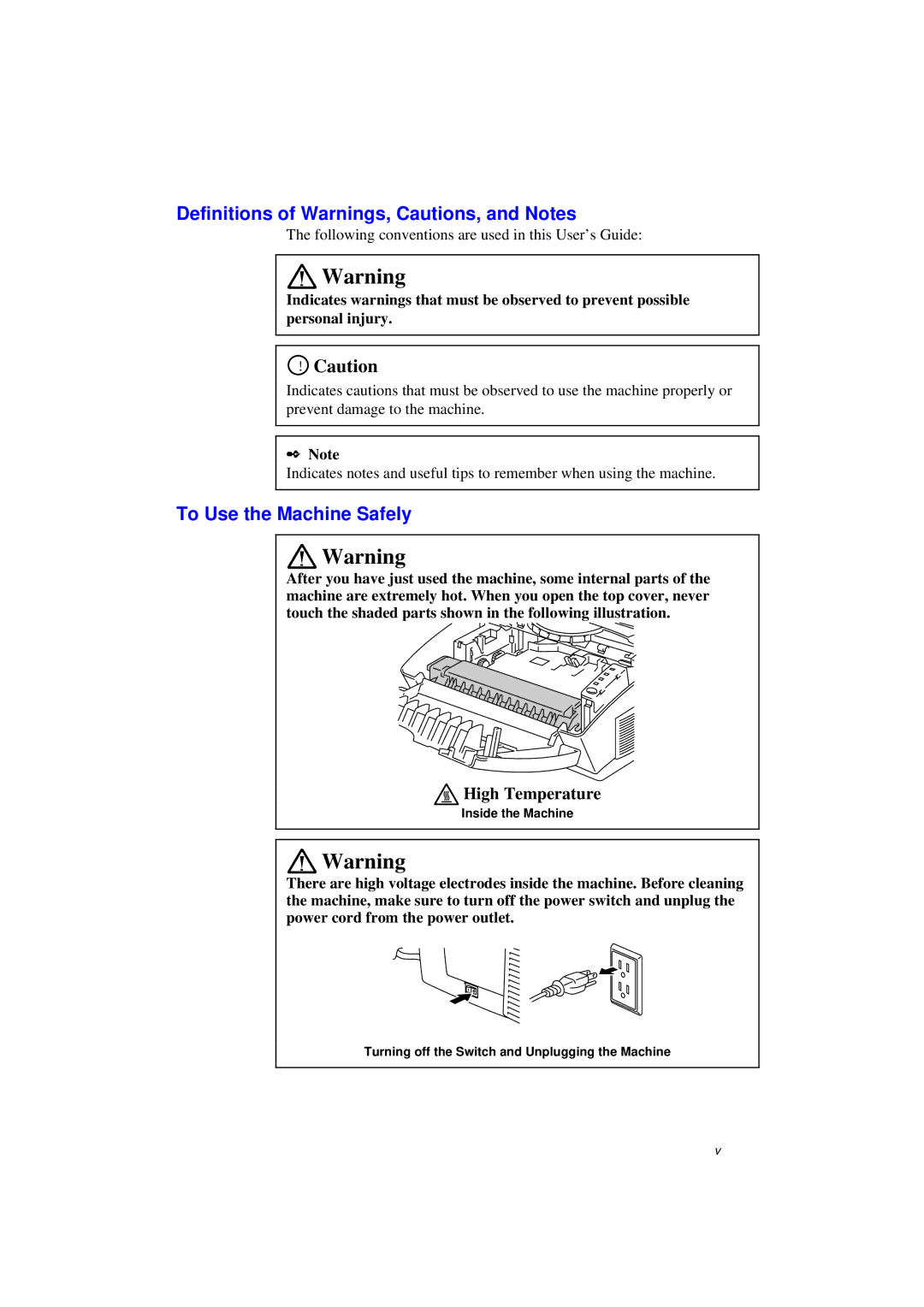 Brother MFC/HL-P2000 manual Definitions of Warnings, Cautions, and Notes, To Use the Machine Safely 