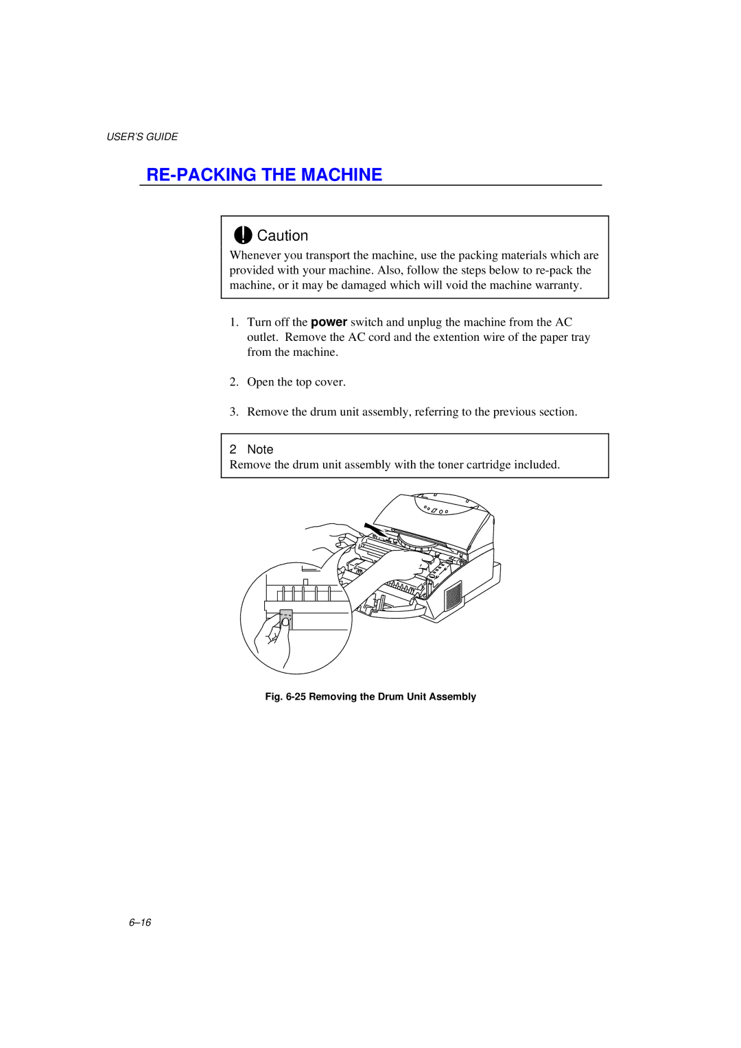 Brother MFC/HL-P2000 manual RE-PACKING the Machine, Removing the Drum Unit Assembly 