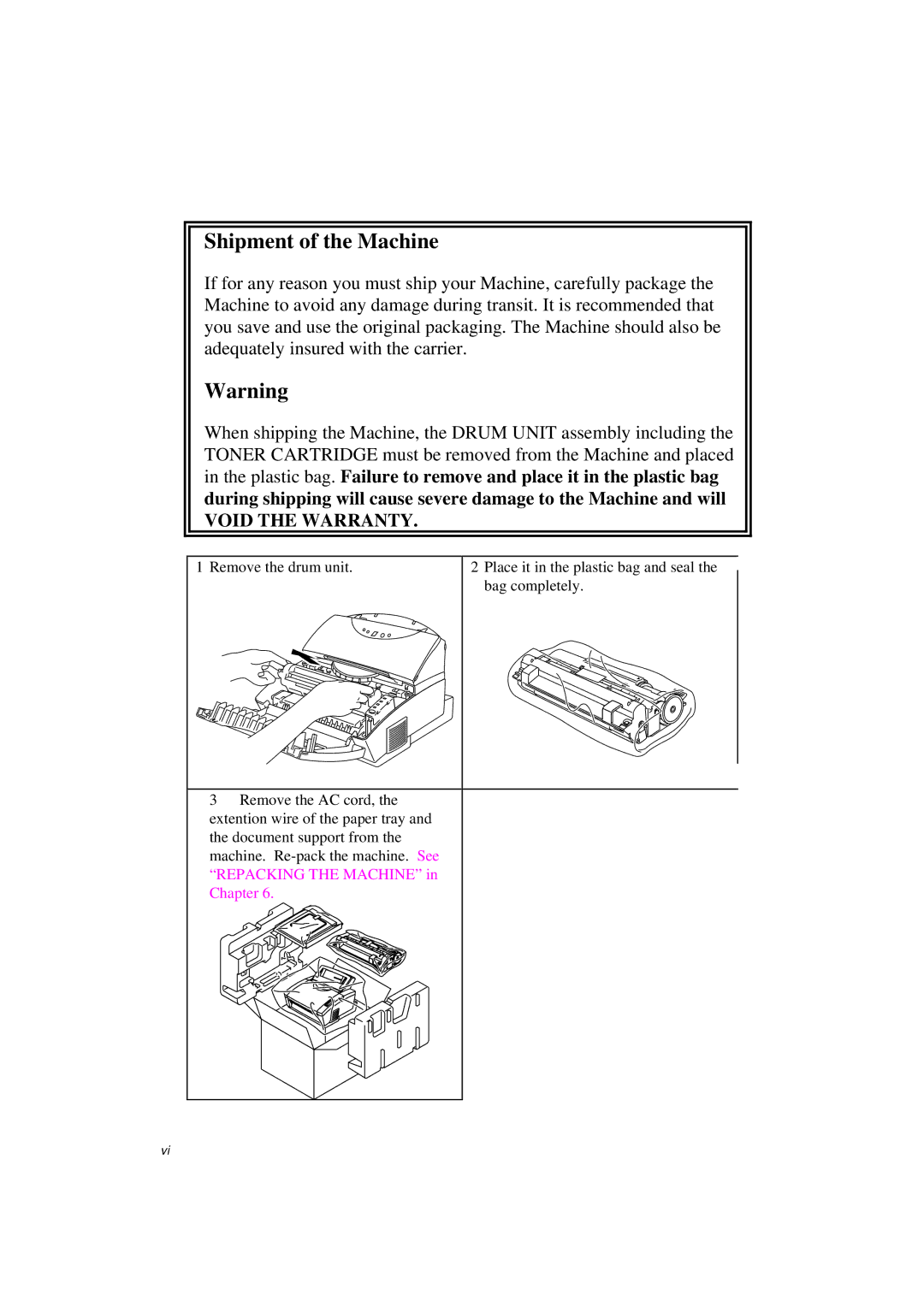 Brother MFC/HL-P2000 manual Shipment of the Machine 