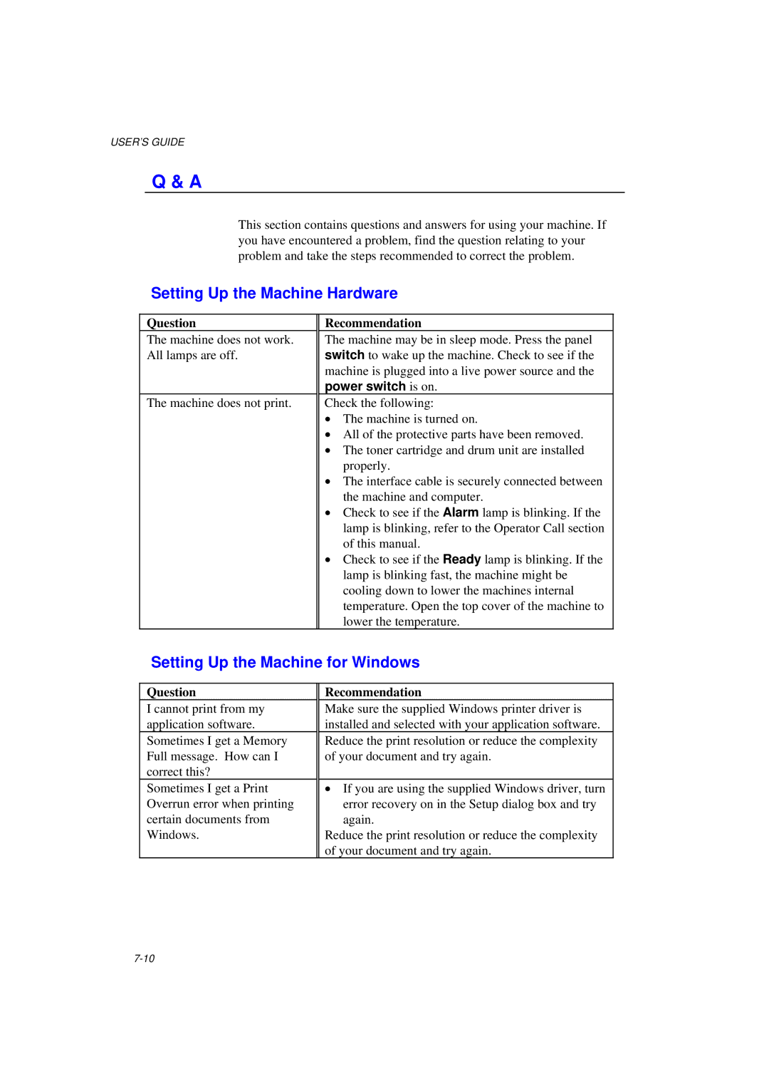 Brother MFC/HL-P2000 manual Setting Up the Machine Hardware, Setting Up the Machine for Windows, Question Recommendation 