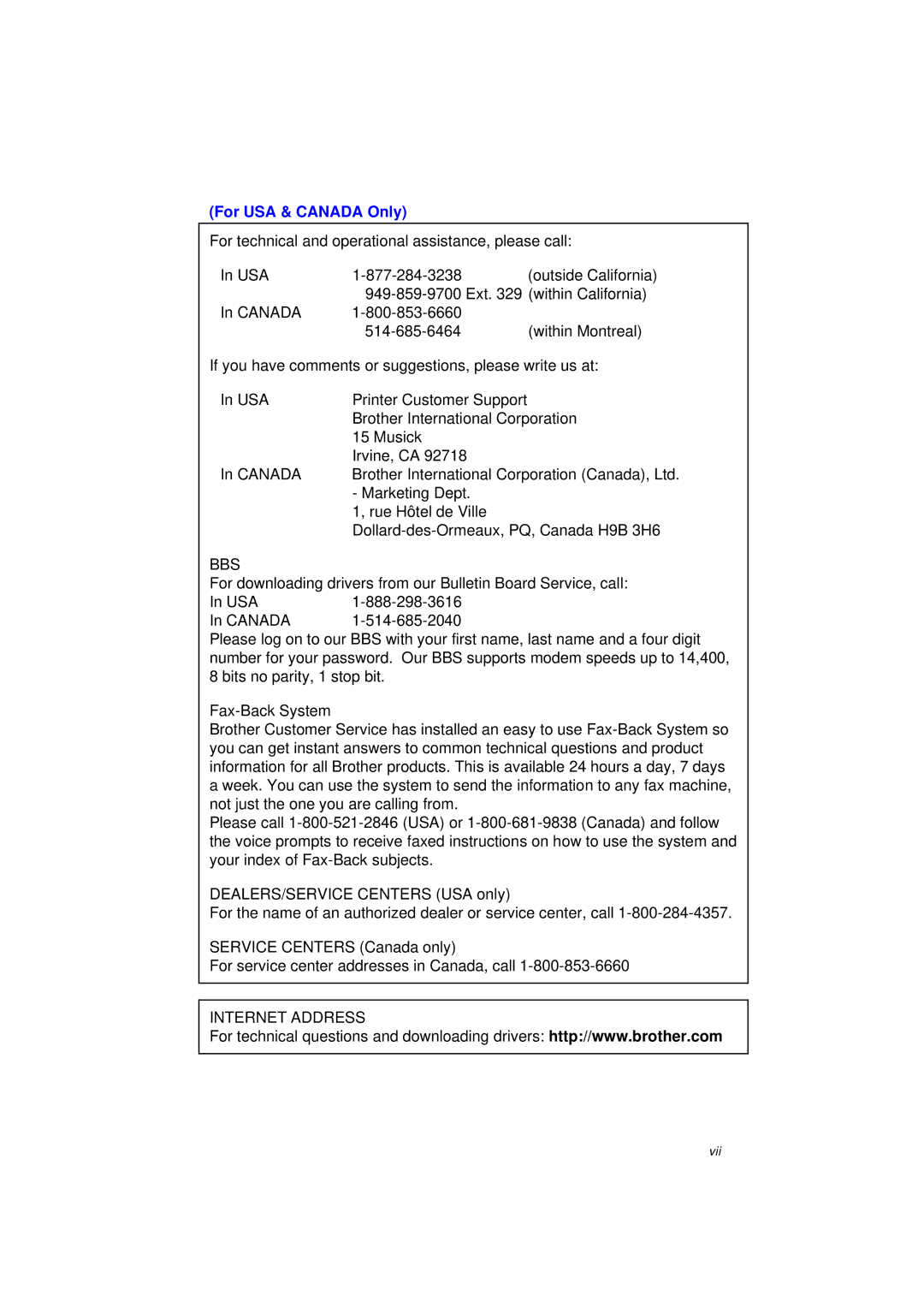 Brother MFC/HL-P2000 manual For USA & Canada Only 