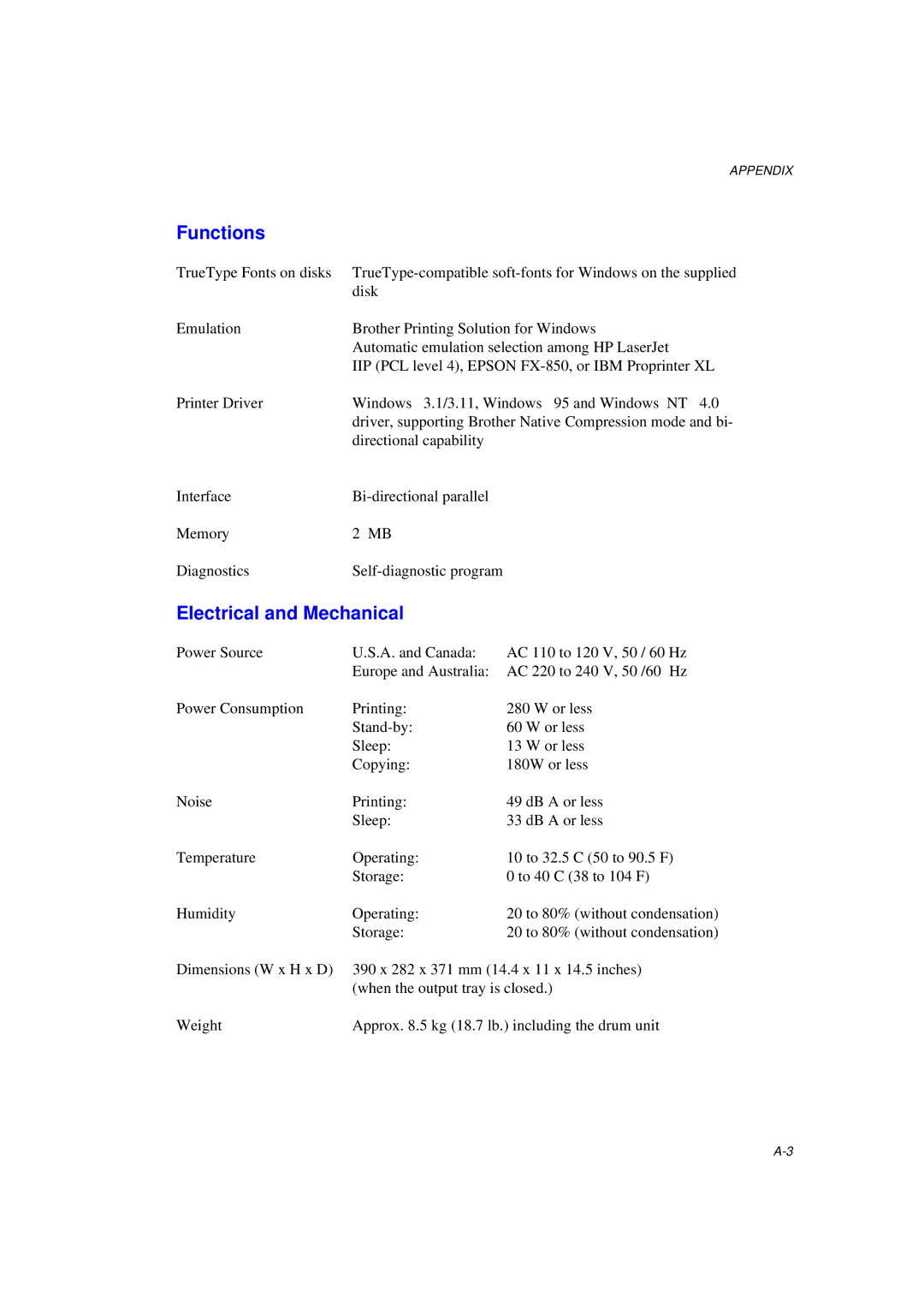 Brother MFC/HL-P2000 manual Functions, Electrical and Mechanical 