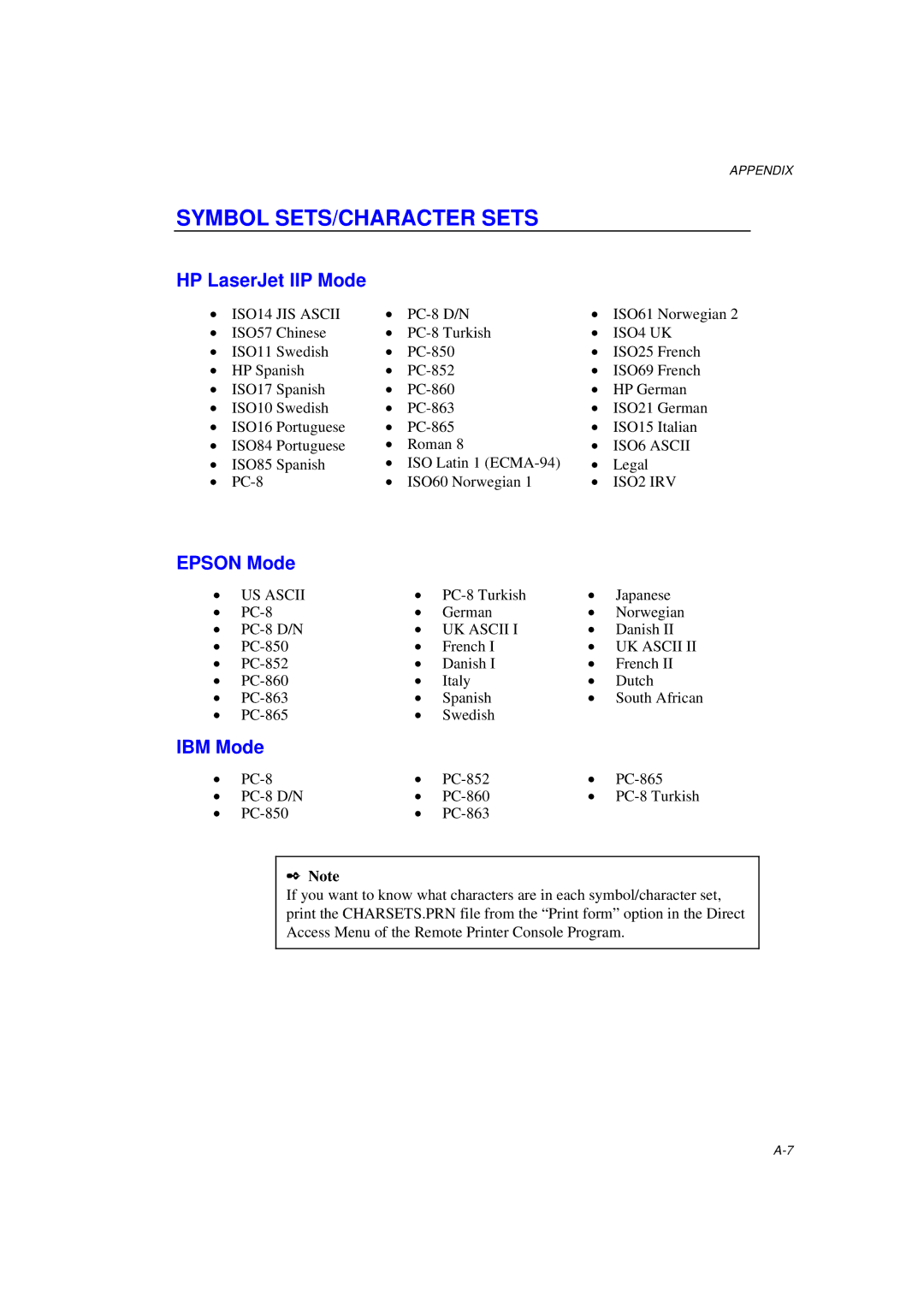 Brother MFC/HL-P2000 manual Symbol SETS/CHARACTER Sets, HP LaserJet IIP Mode, Epson Mode, IBM Mode 