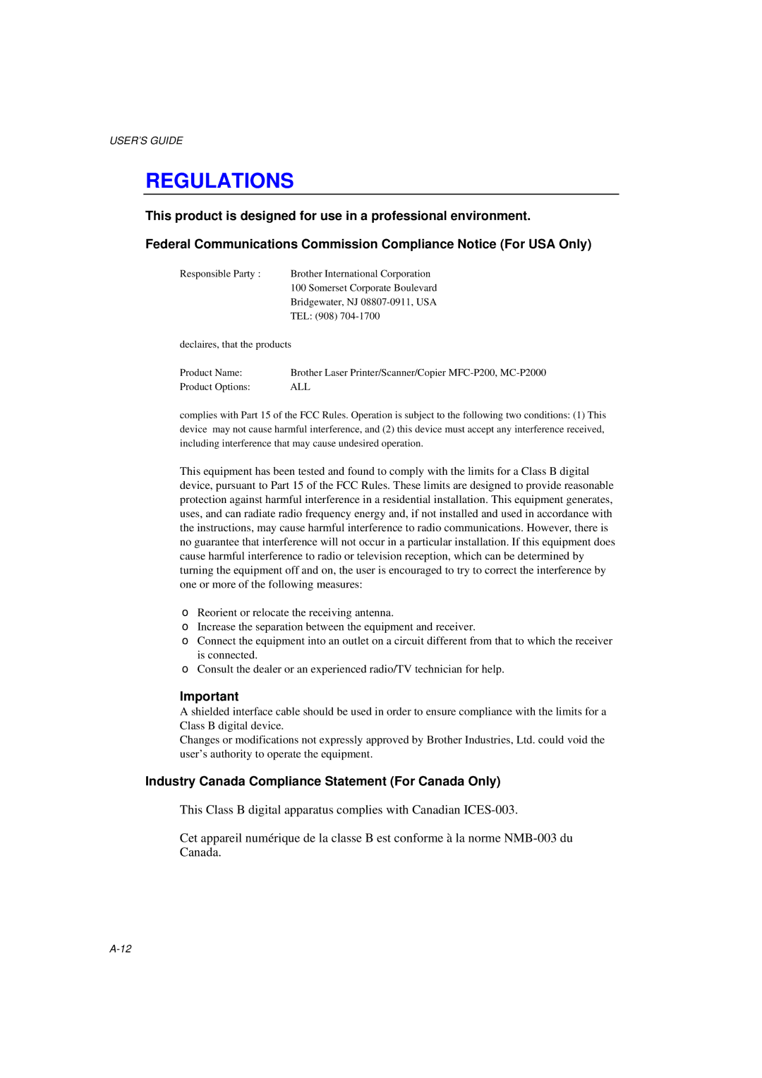 Brother MFC/HL-P2000 manual Regulations, Industry Canada Compliance Statement For Canada Only 