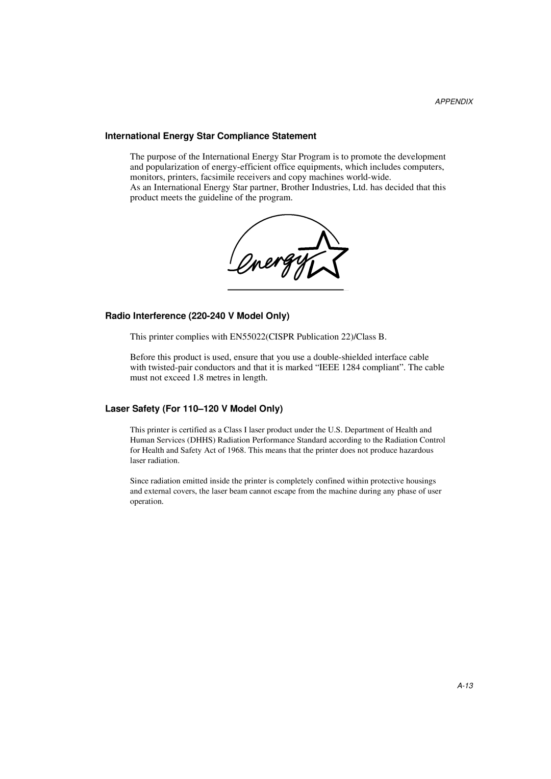 Brother MFC/HL-P2000 manual International Energy Star Compliance Statement, Radio Interference 220-240 V Model Only 