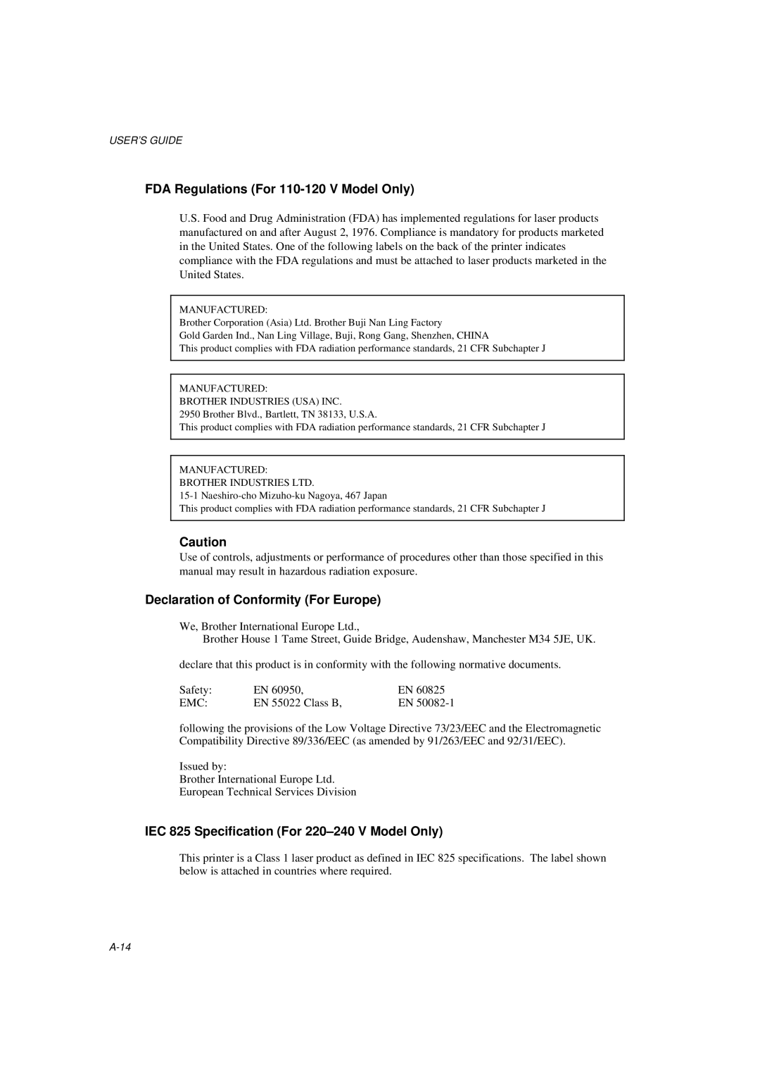 Brother MFC/HL-P2000 manual FDA Regulations For 110-120 V Model Only, Declaration of Conformity For Europe 