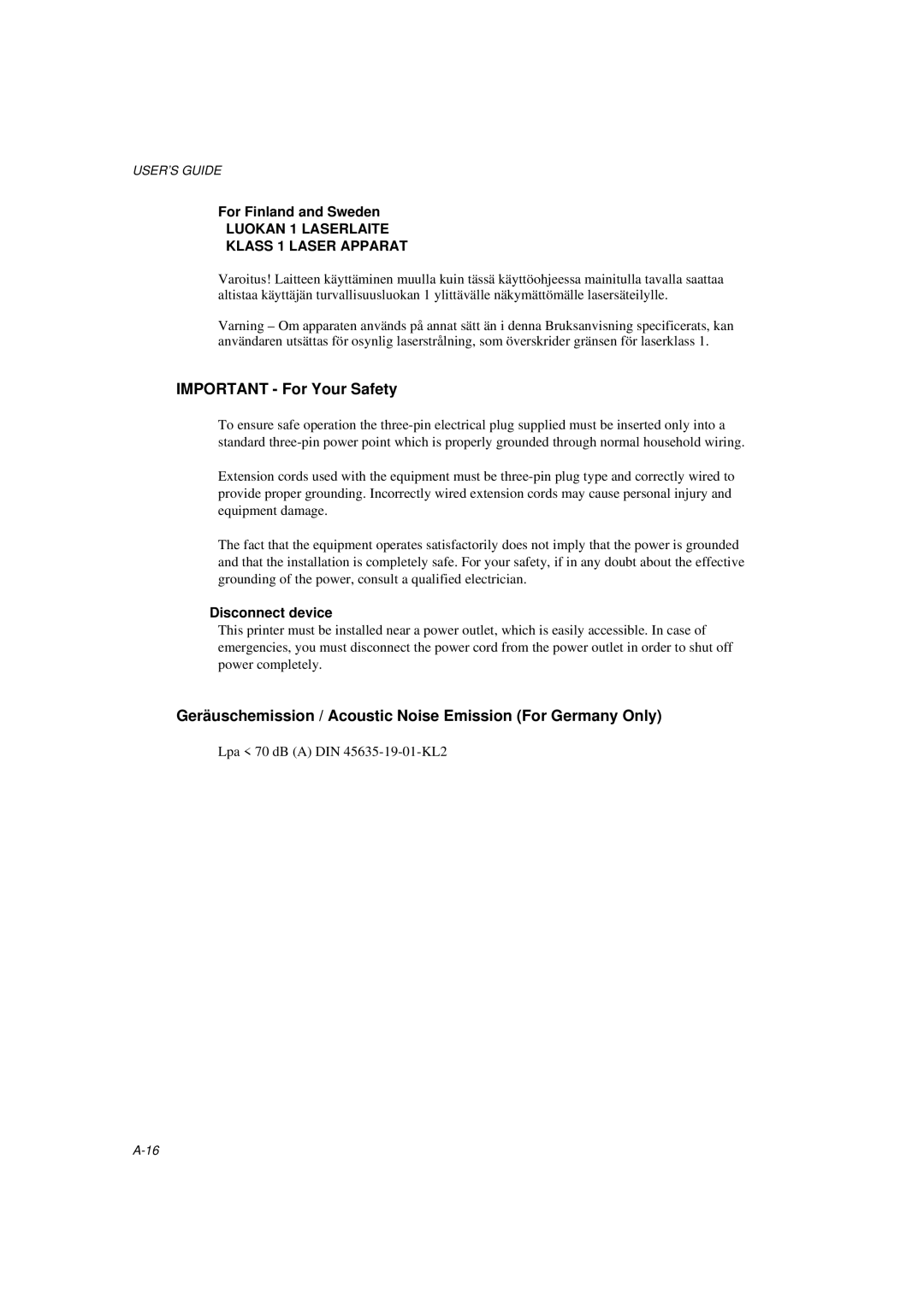 Brother MFC/HL-P2000 manual Important For Your Safety, Geräuschemission / Acoustic Noise Emission For Germany Only 