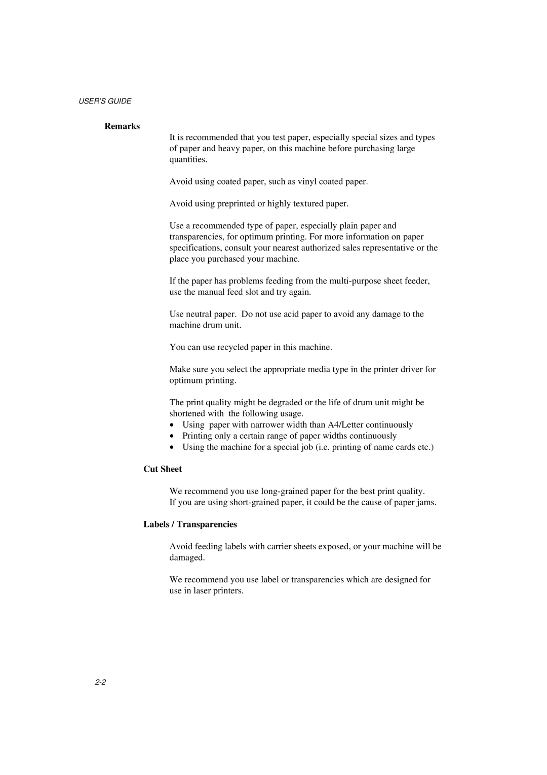 Brother MFC/HL-P2000 manual Remarks, Cut Sheet, Labels / Transparencies 