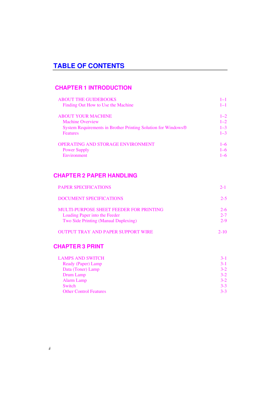 Brother MFC/HL-P2000 manual Table Of Contents, Introduction, Paper Handling, Print 