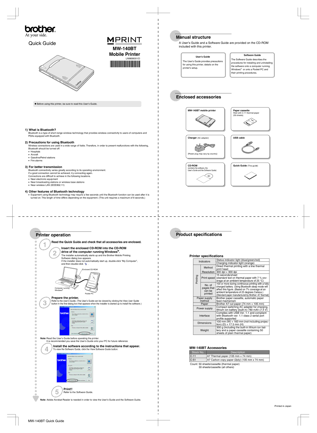 Brother LN9808001A specifications MW-140BT, Mobile Printer 