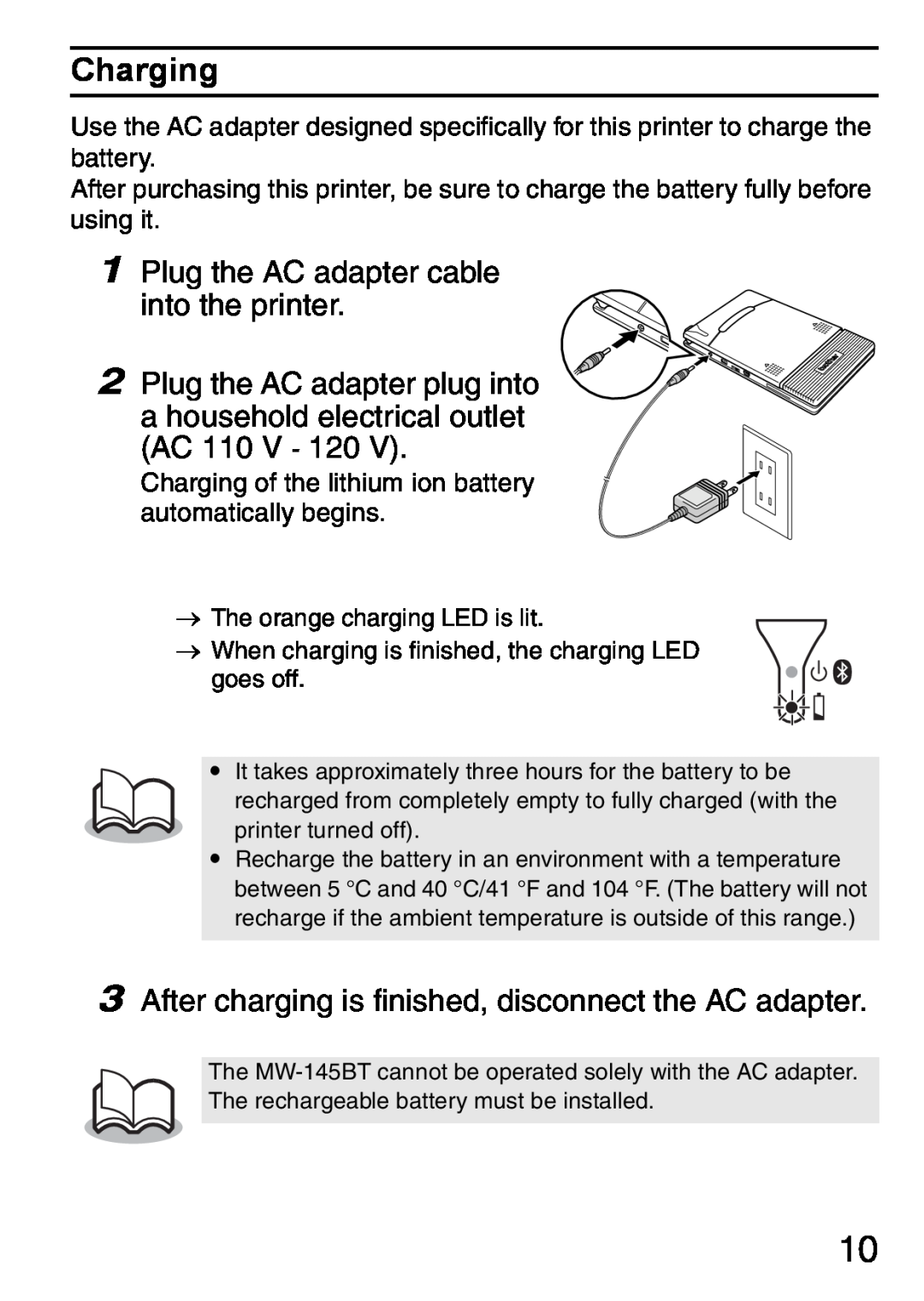 Brother MW-145BT manual Charging, Plug the AC adapter cable into the printer, Plug the AC adapter plug into 