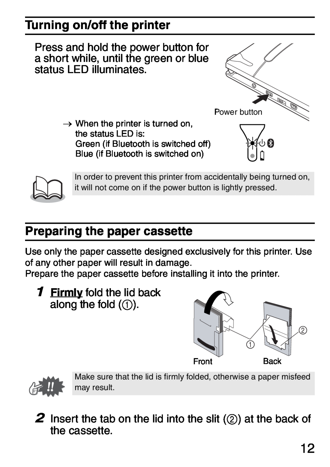 Brother MW-145BT manual Turning on/off the printer, Preparing the paper cassette 
