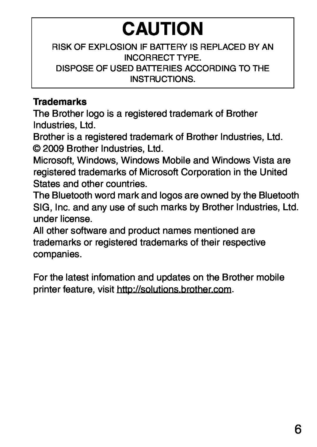 Brother MW-145BT manual Trademarks, Risk Of Explosion If Battery Is Replaced By An Incorrect Type 
