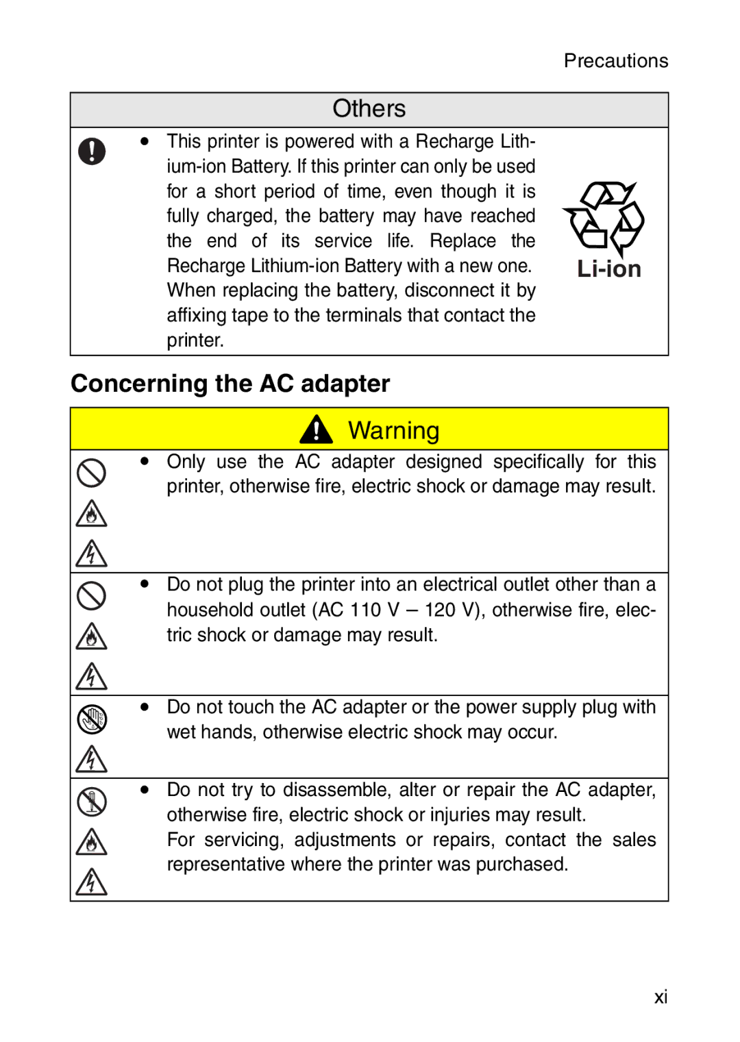 Brother MW-260 appendix Concerning the AC adapter, Li-ion 