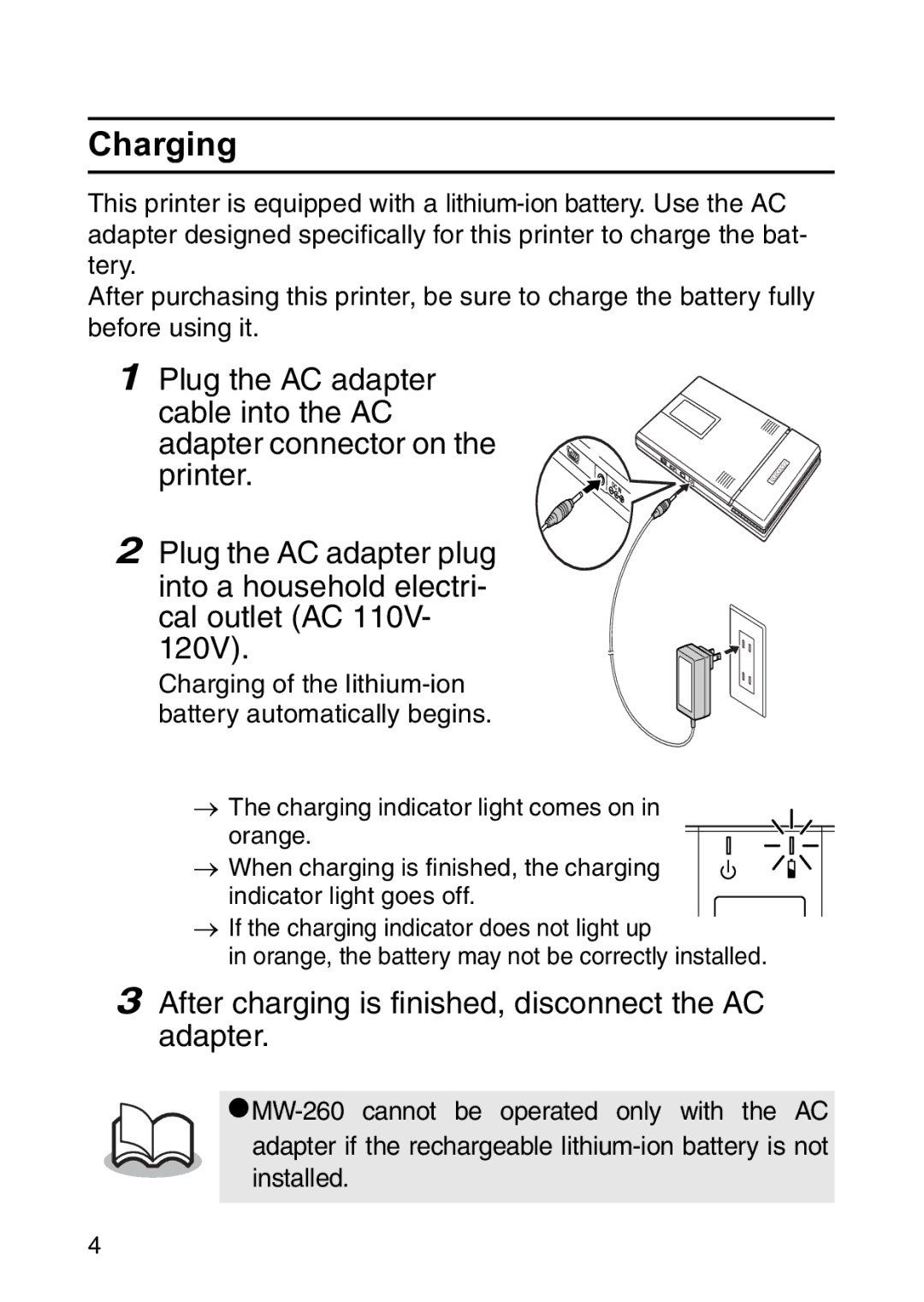 Brother MW-260 appendix Charging, After charging is finished, disconnect the AC adapter 