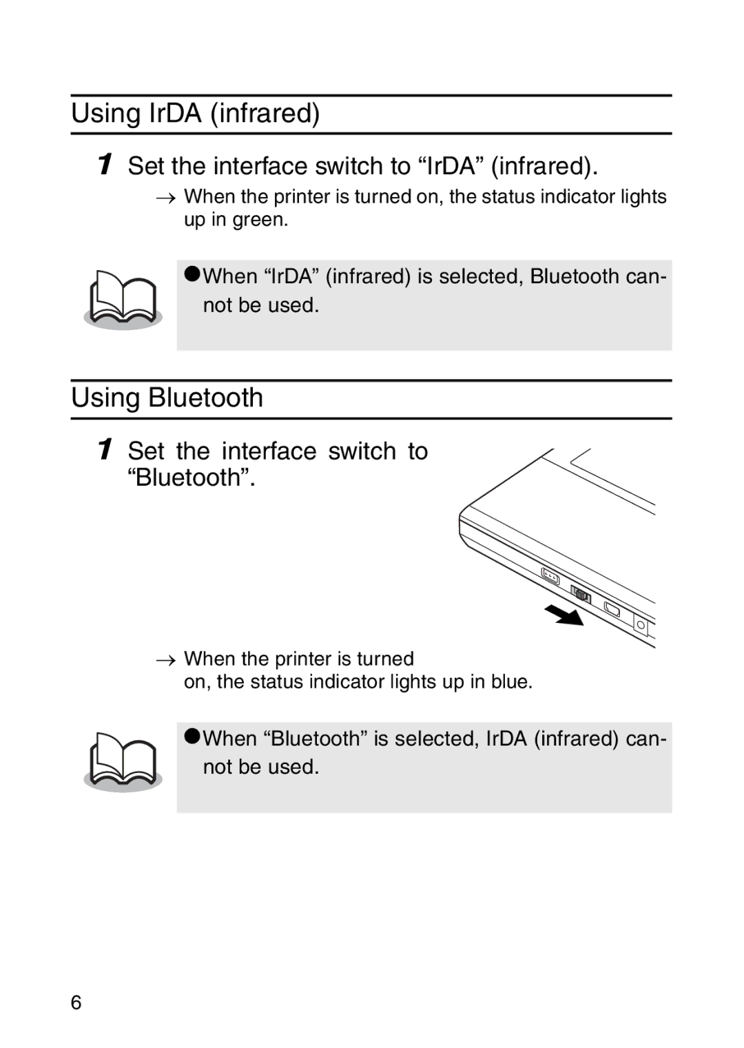 Brother MW-260 appendix Set the interface switch to IrDA infrared, Set the interface switch to Bluetooth 